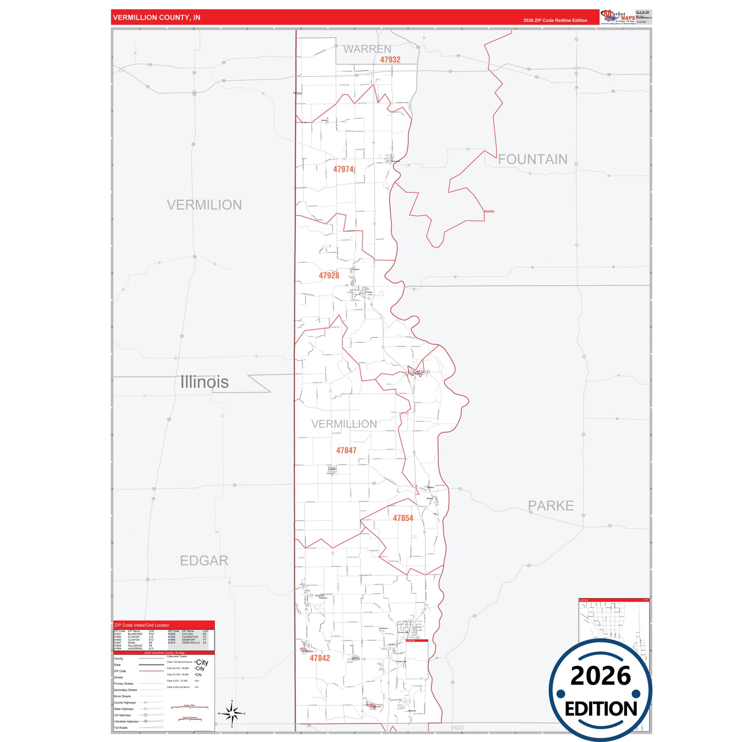 Vermillion County, IN Red Line 5 Digit ZIP Code Wall Map