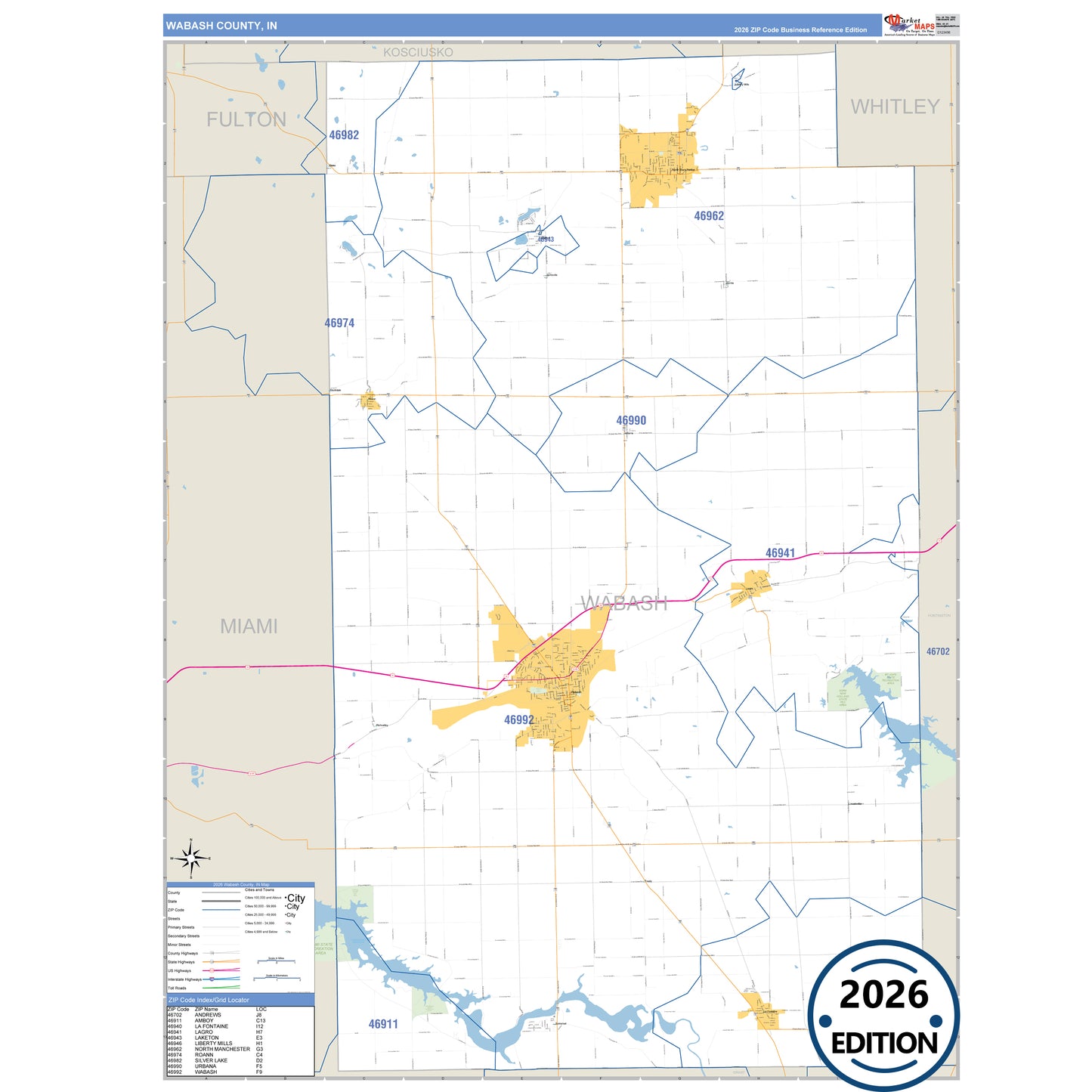 Wabash County, IN Business Reference 5 Digit ZIP Code Wall Map