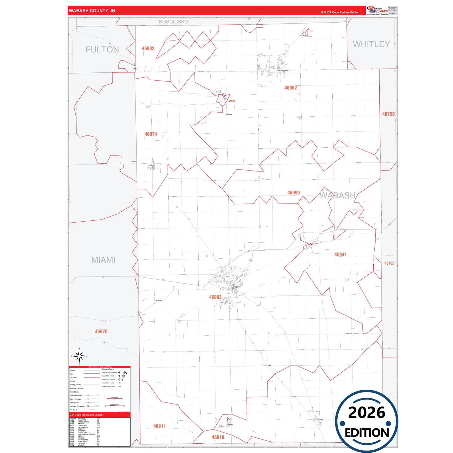 Wabash County, IN Red Line 5 Digit ZIP Code Wall Map