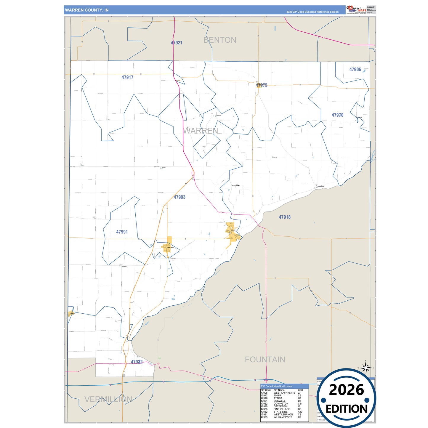 Warren County, IN Business Reference map with detailed roads, cities, and ZIP code boundaries.