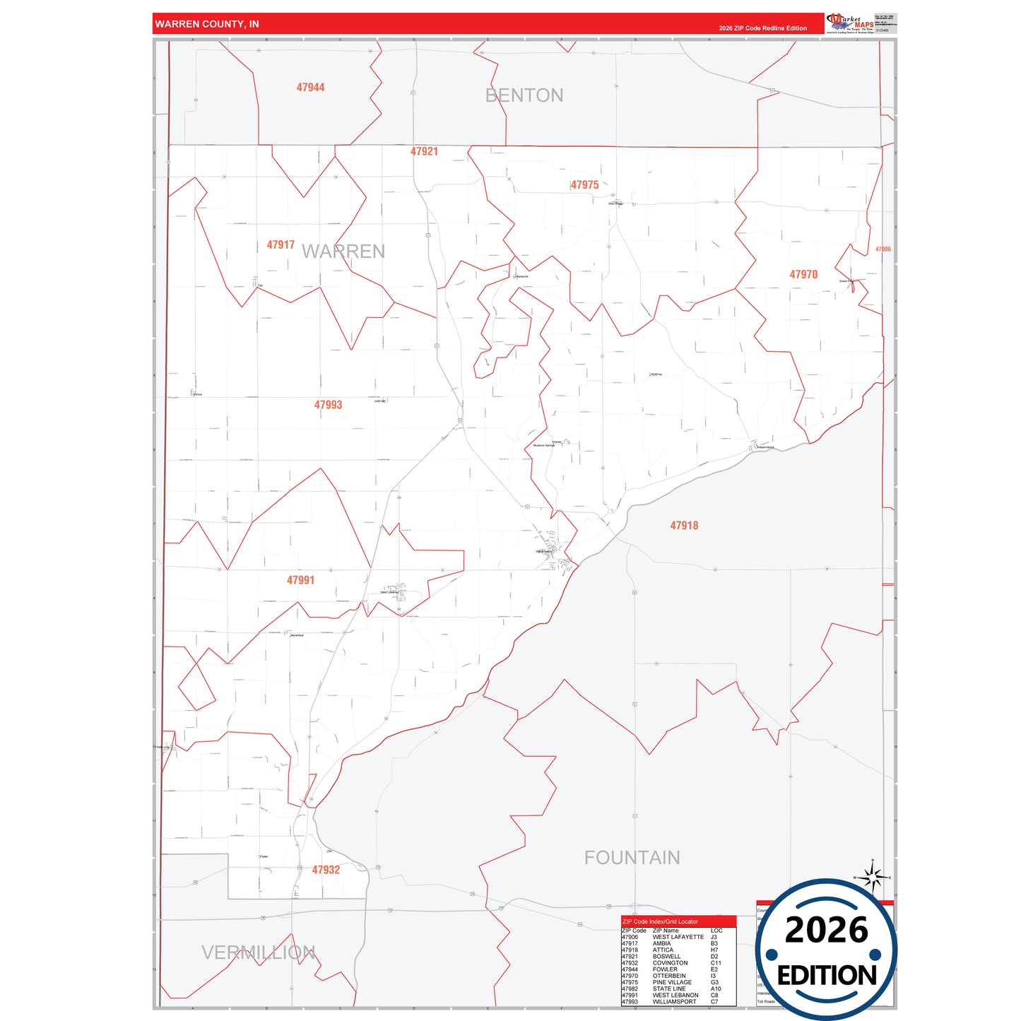 Warren County, IN Red Line 5 Digit ZIP Code Wall Map