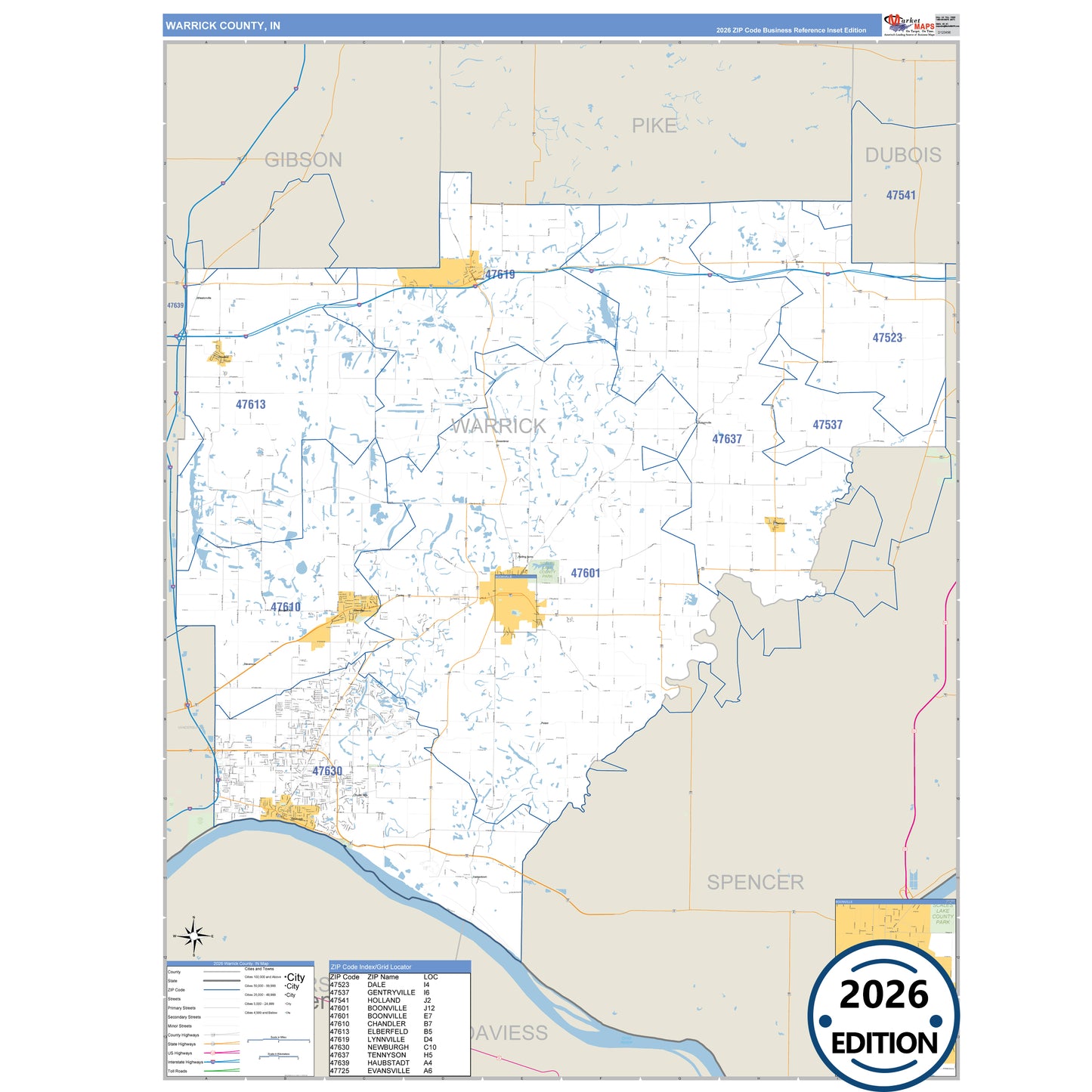 Warrick County, IN Business Reference 5 Digit ZIP Code Wall Map