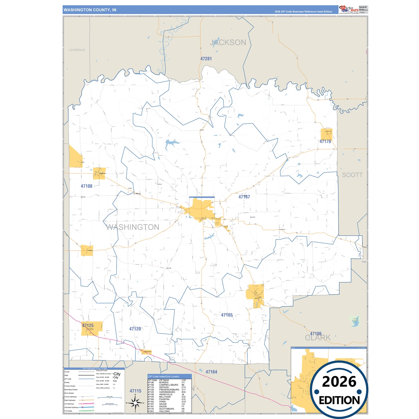 Washington County, IN Business Reference 5 Digit ZIP Code Wall Map