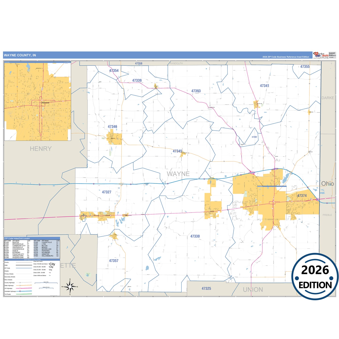 Wayne County, IN Business Reference 5 Digit ZIP Code Wall Map