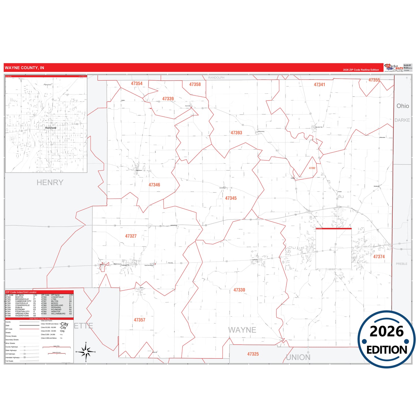 Wayne County, IN Red Line map with detailed roads, cities, and ZIP code boundaries.
