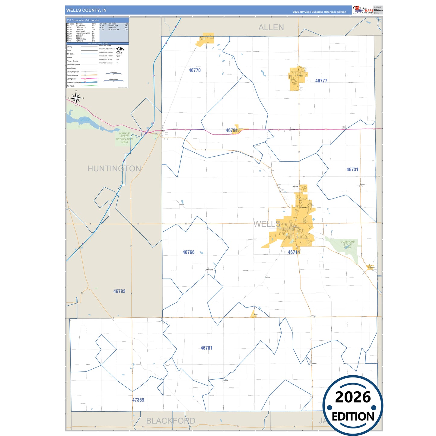 Wells County, IN Business Reference 5 Digit ZIP Code Wall Map