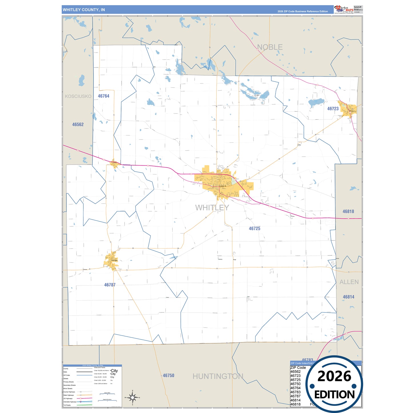 Whitley County, IN Business Reference 5 Digit ZIP Code Wall Map