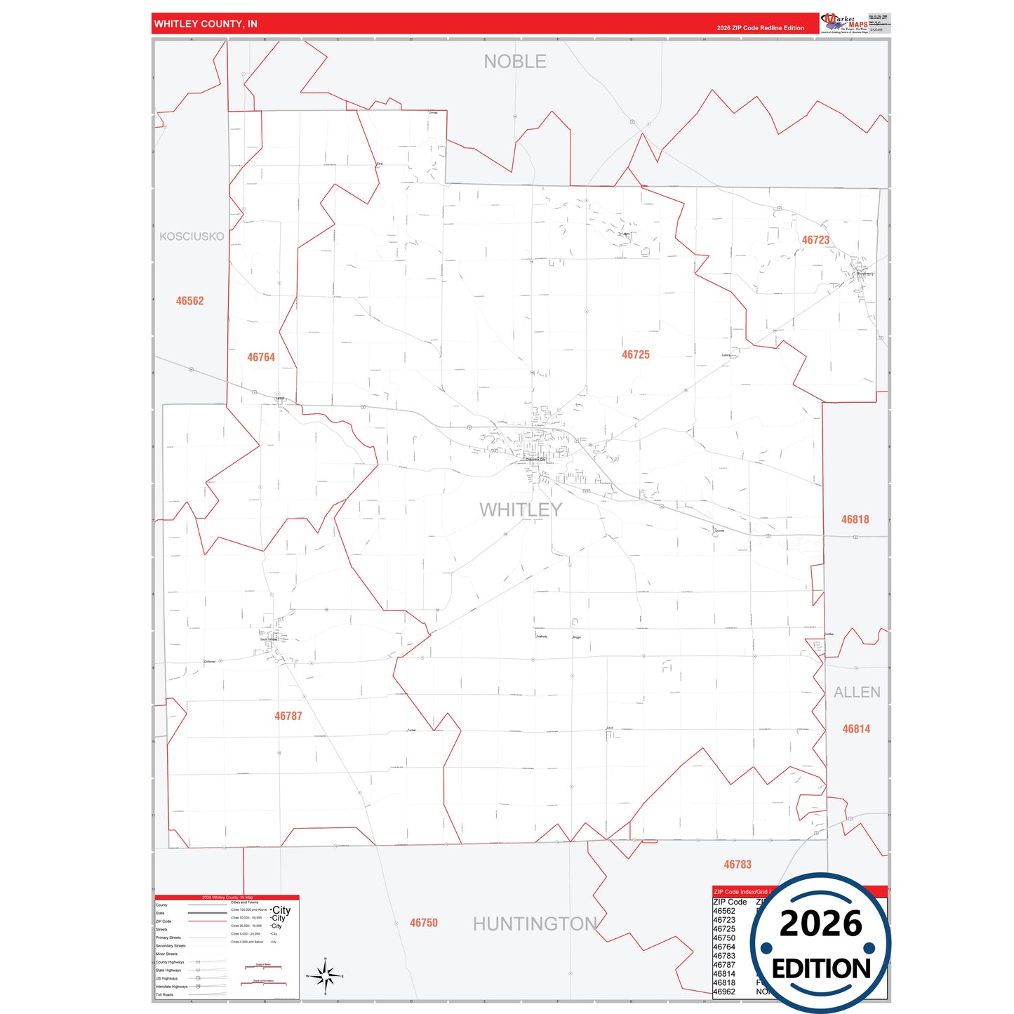 Whitley County, IN Red Line 5 Digit ZIP Code Wall Map