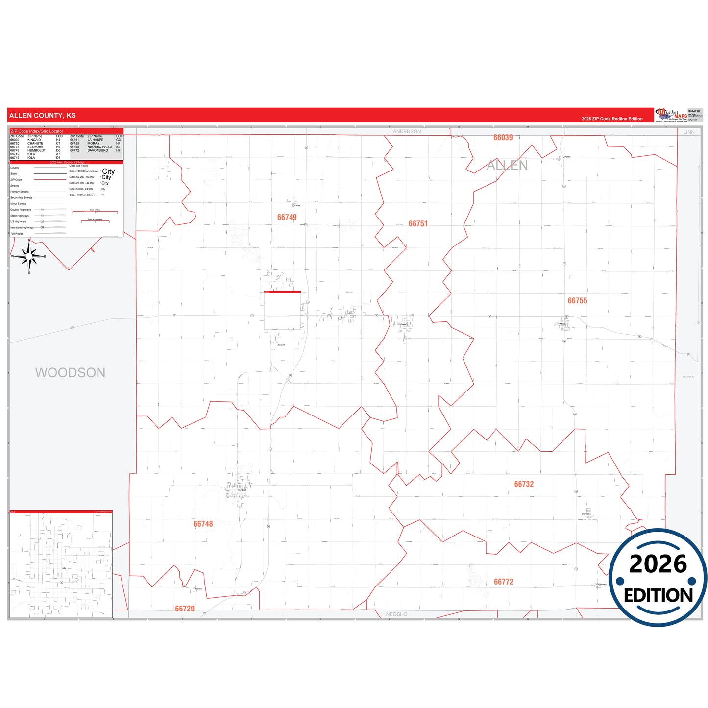 Allen County, KS Red Line 5 Digit ZIP Code Wall Map