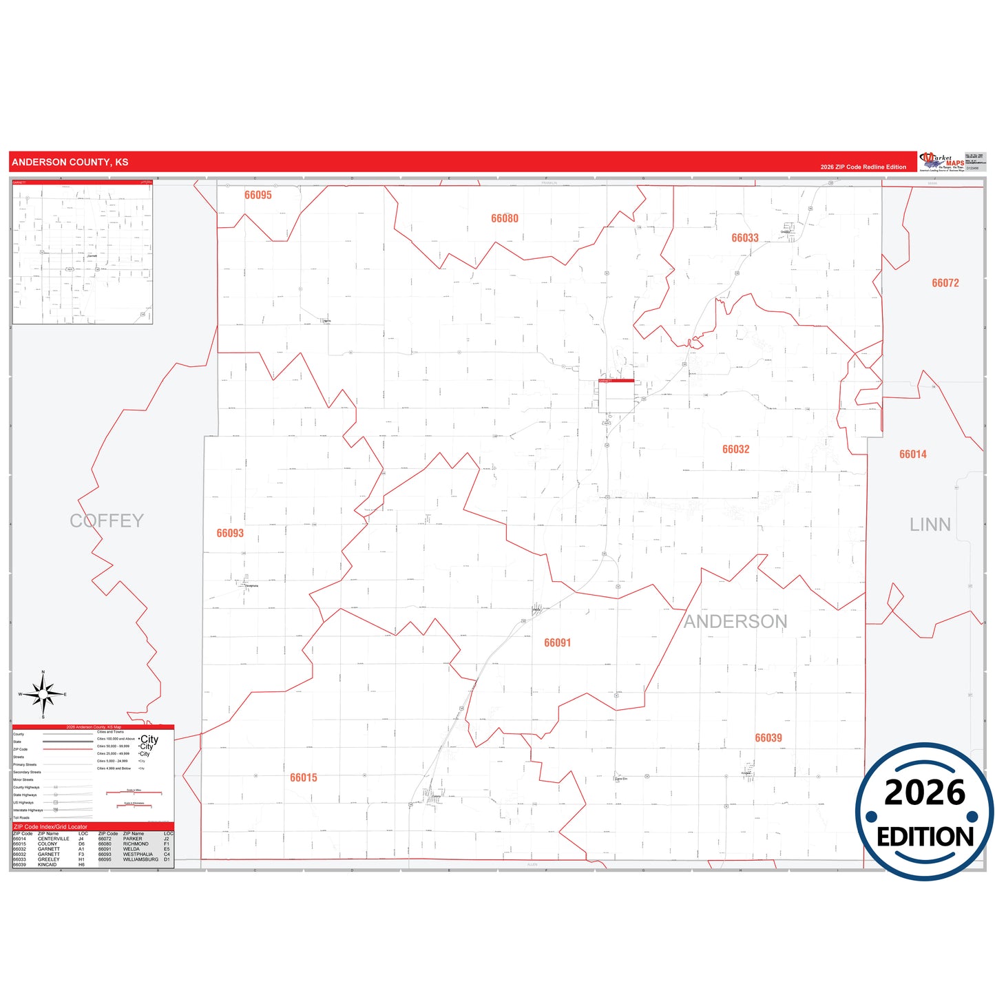 Anderson County, KS Red Line 5 Digit ZIP Code Wall Map