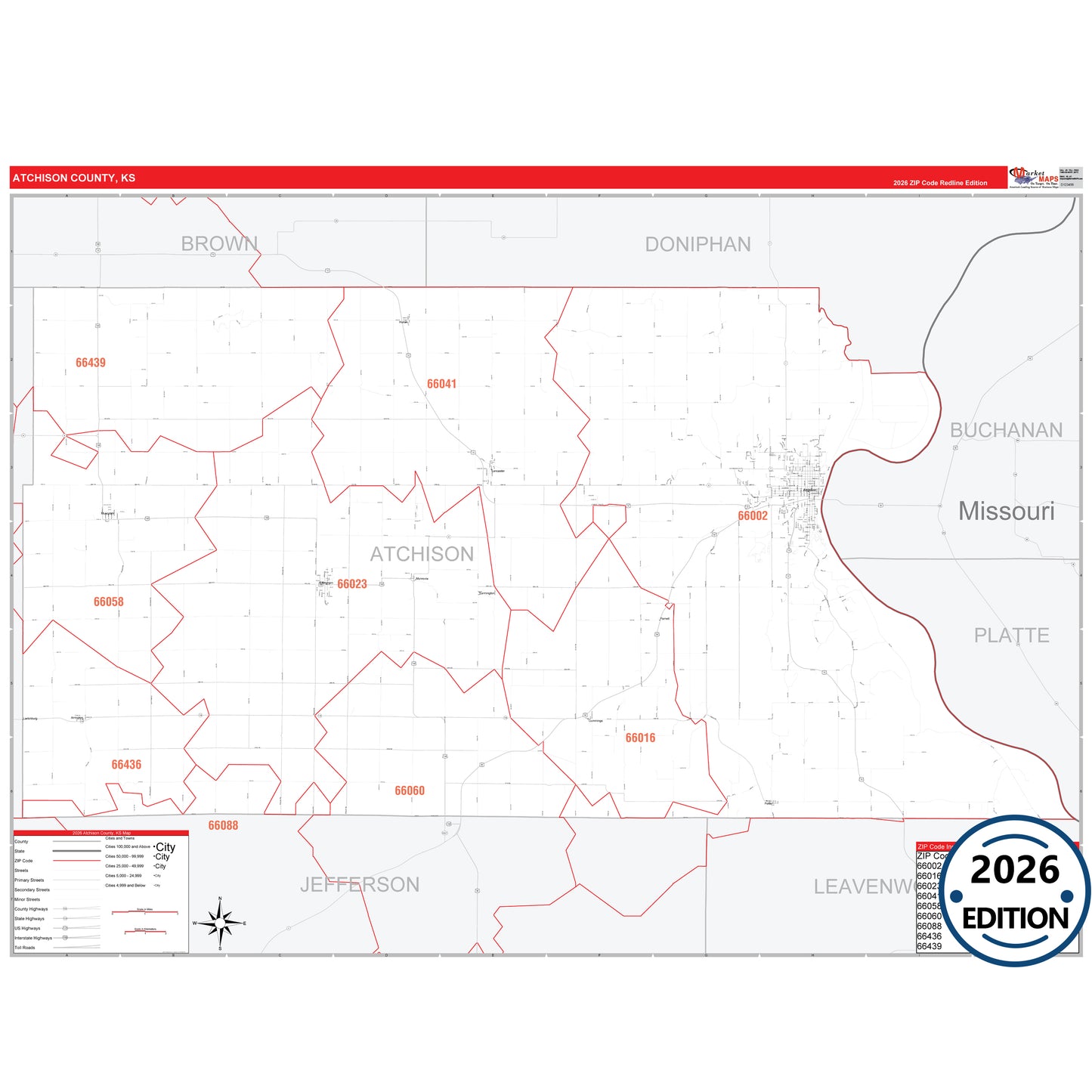 Atchison County, KS Red Line 5 Digit ZIP Code Wall Map