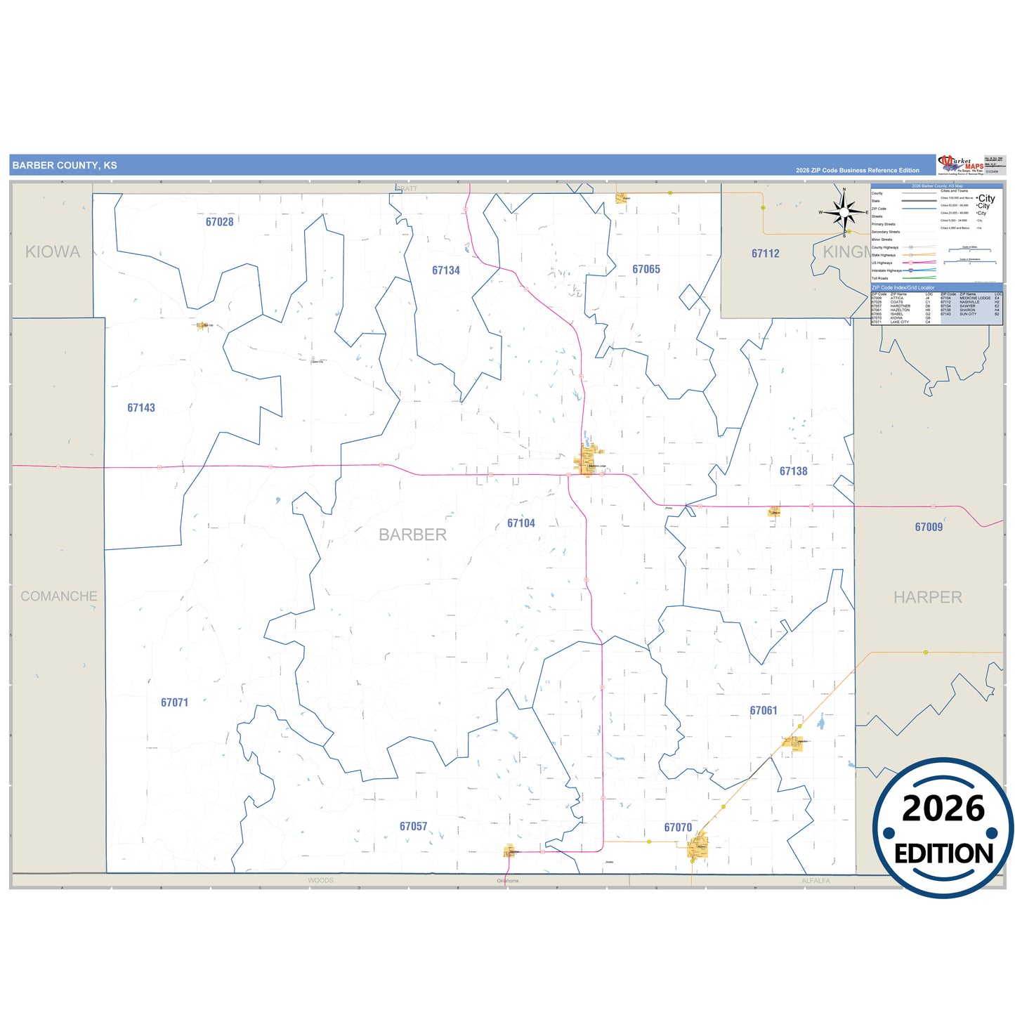 Barber County, KS Business Reference 5 Digit ZIP Code Wall Map