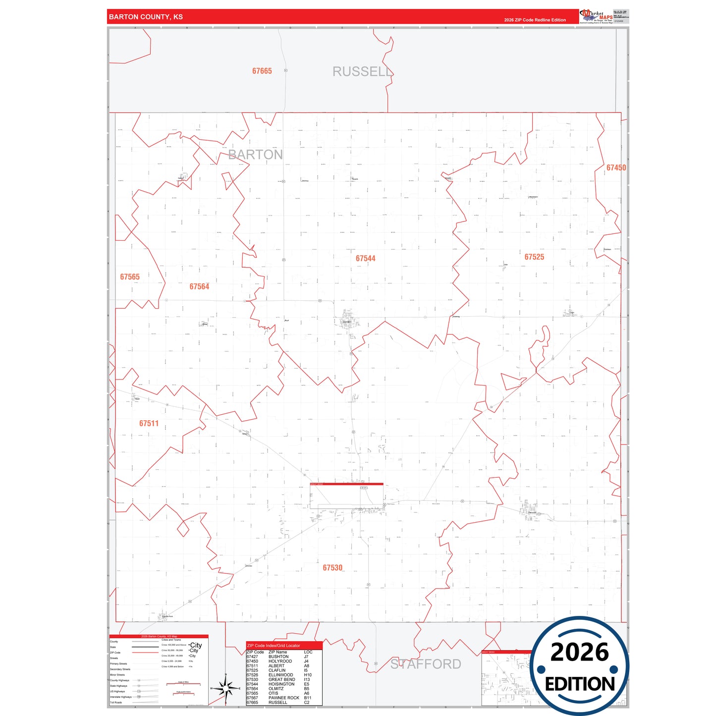 Barton County, KS Red Line 5 Digit ZIP Code Wall Map
