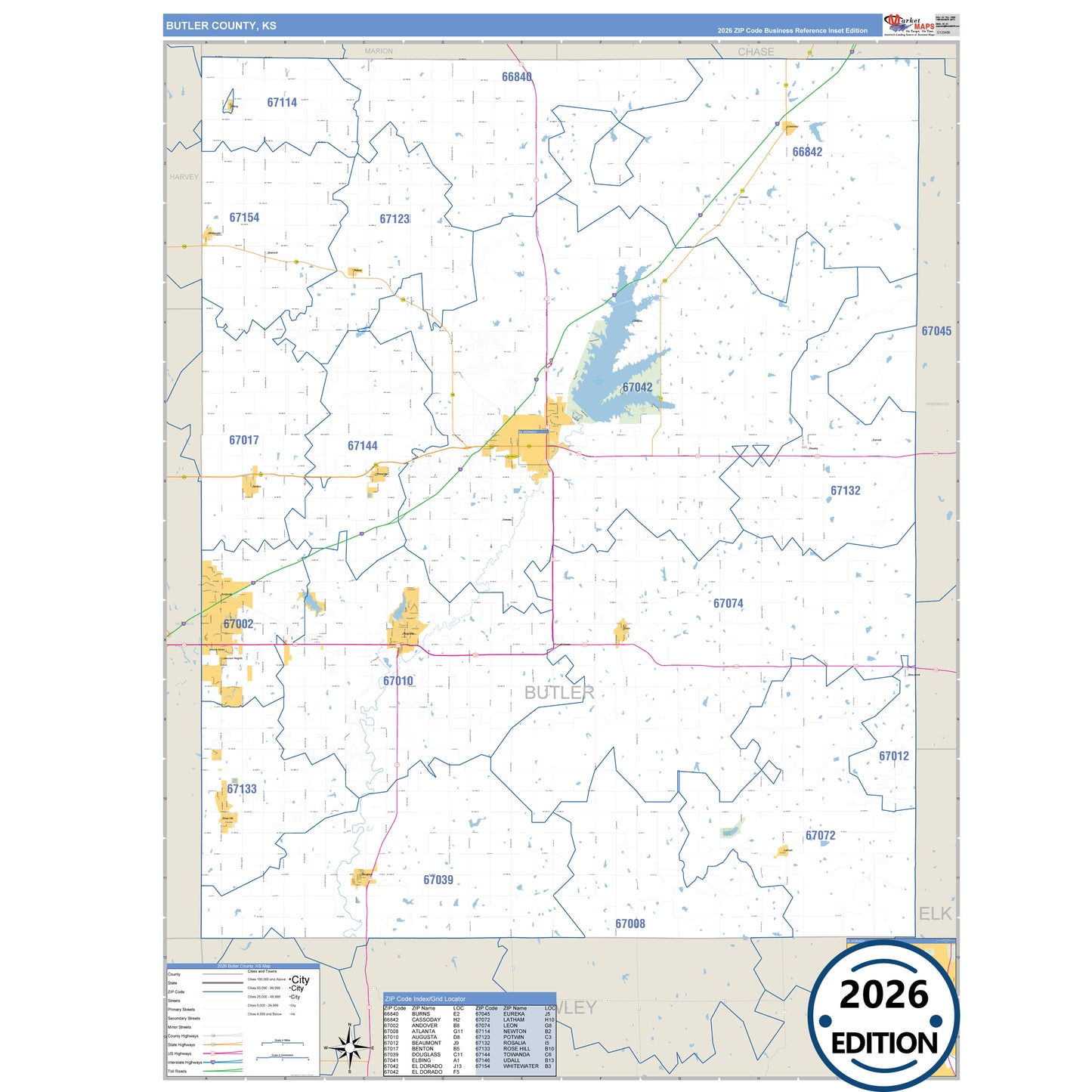 Butler County, KS Business Reference 5 Digit ZIP Code Wall Map
