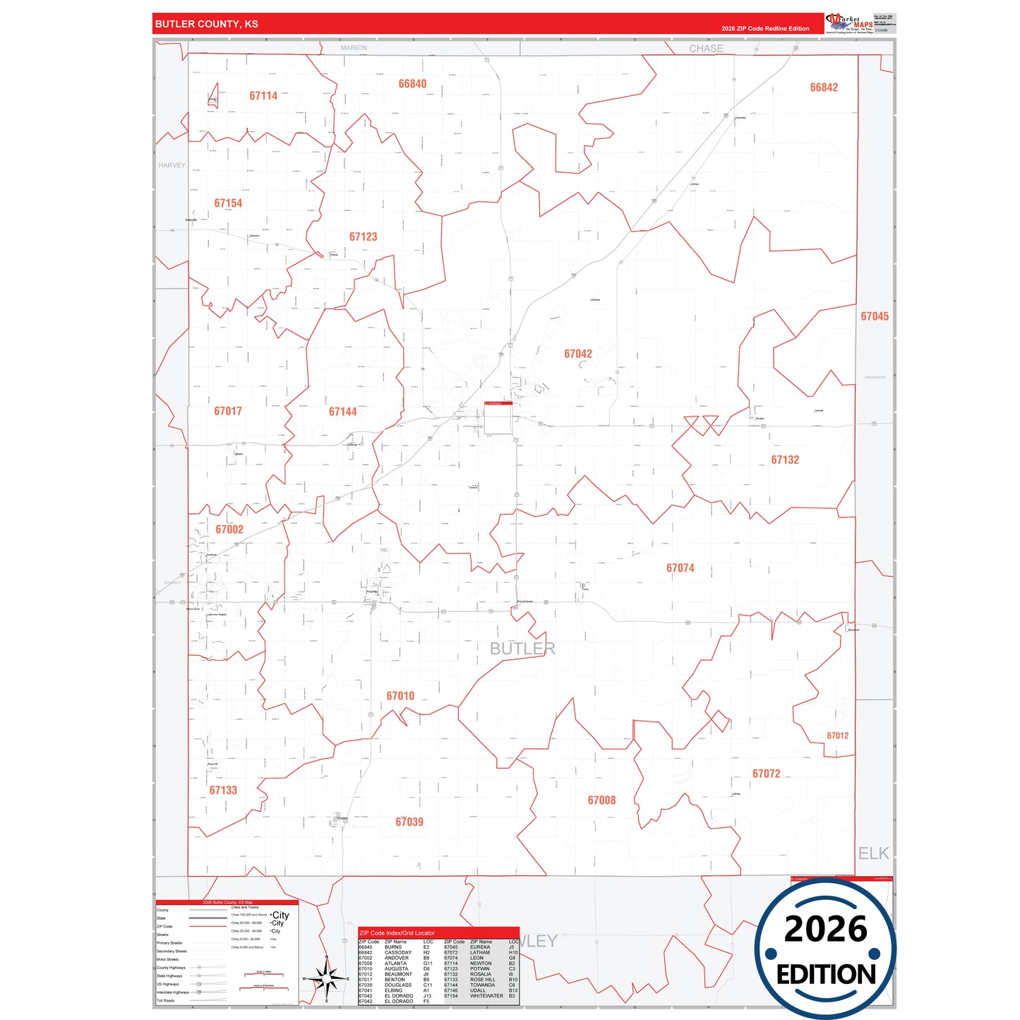Butler County, KS Red Line 5 Digit ZIP Code Wall Map