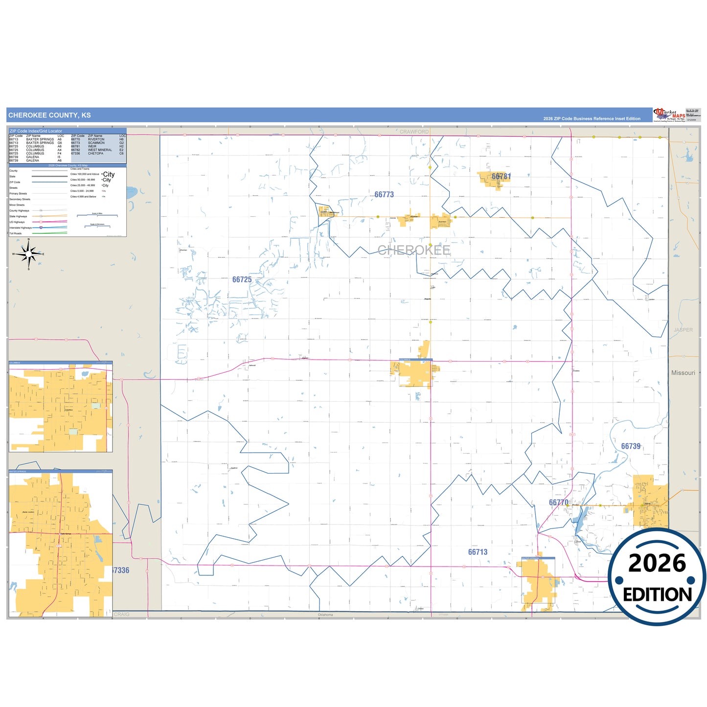 Cherokee County, KS Business Reference 5 Digit ZIP Code Wall Map