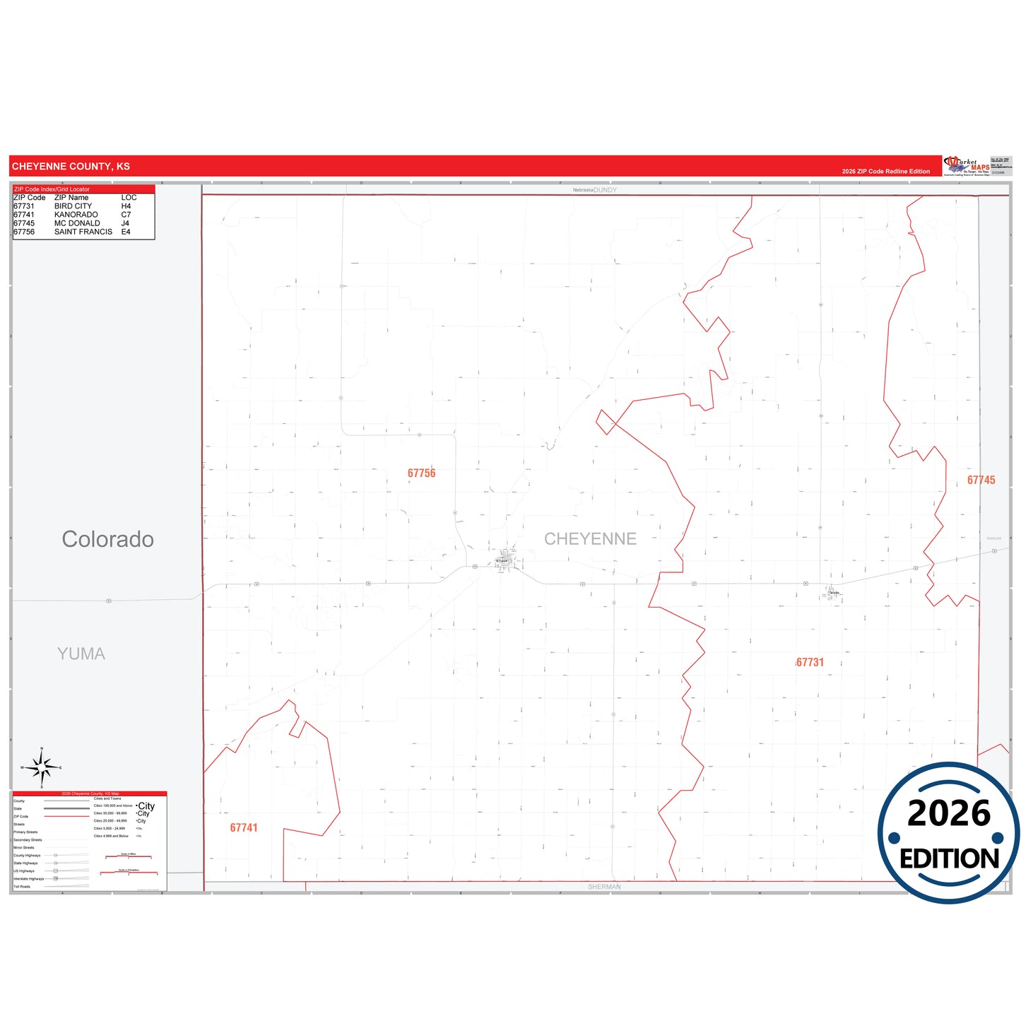 Cheyenne County, KS Red Line 5 Digit ZIP Code Wall Map