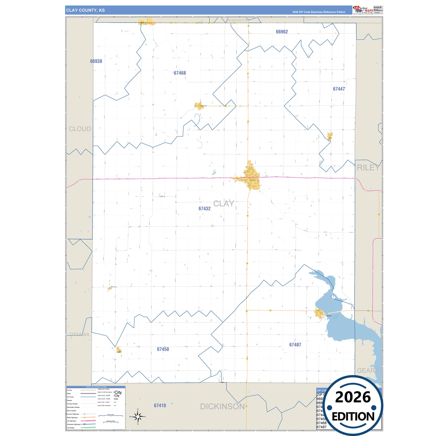 Clay County, KS Business Reference 5 Digit ZIP Code Wall Map