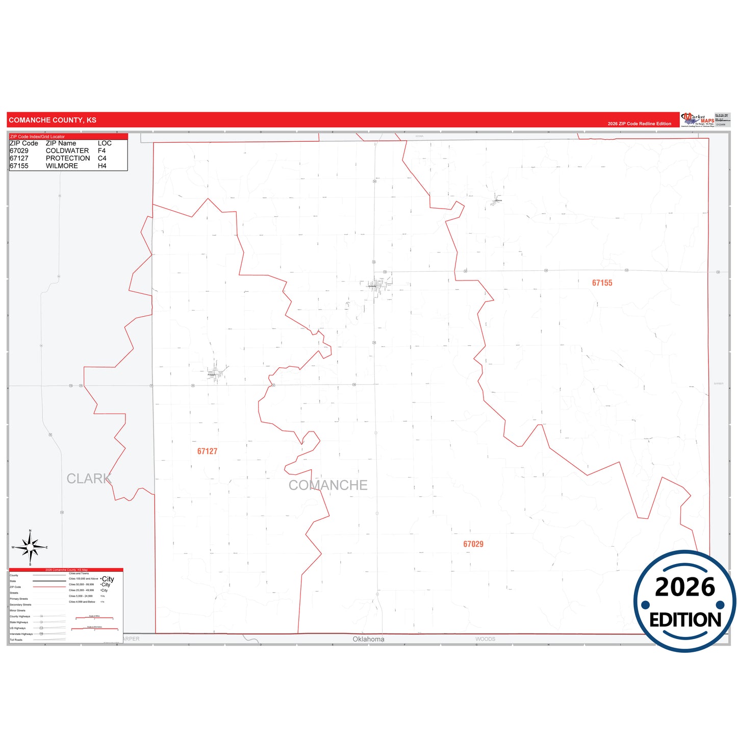Comanche County, KS Red Line 5 Digit ZIP Code Wall Map