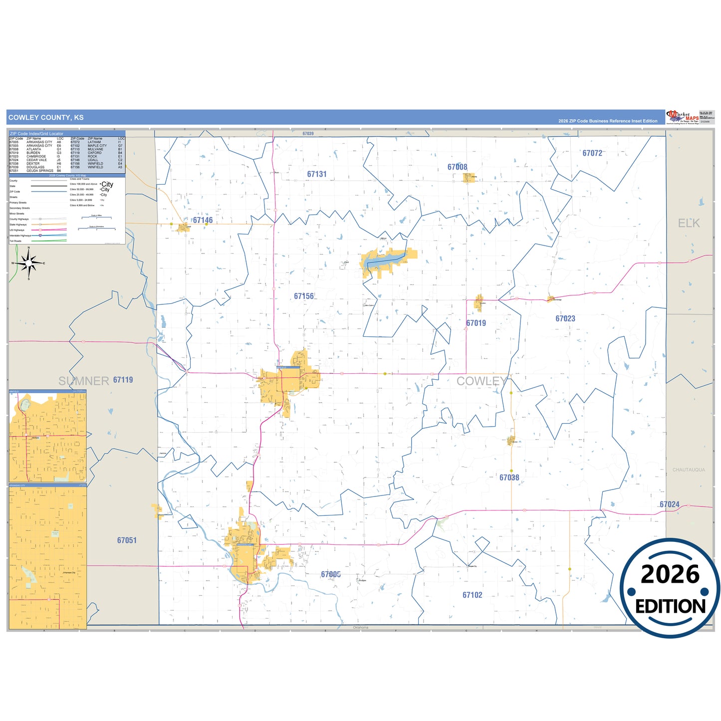 Cowley County, KS Business Reference 5 Digit ZIP Code Wall Map