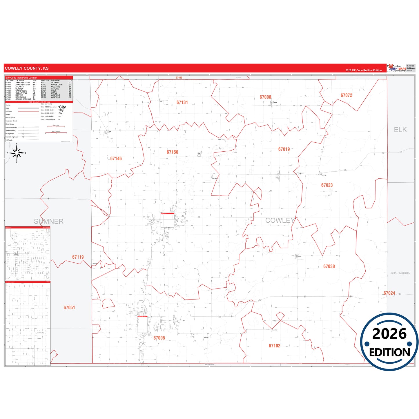 Cowley County, KS Red Line 5 Digit ZIP Code Wall Map