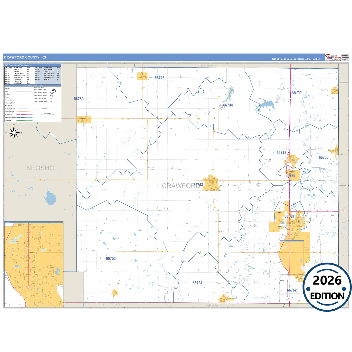 Crawford County, KS Business Reference 5 Digit ZIP Code Wall Map