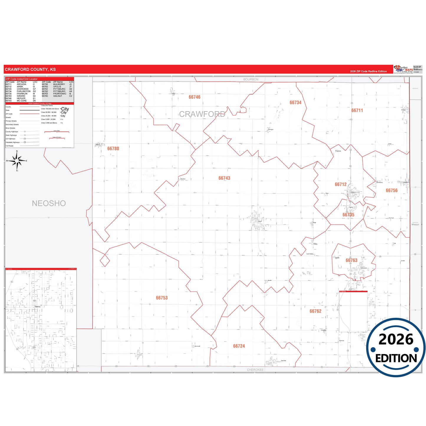 Crawford County, KS Red Line 5 Digit ZIP Code Wall Map
