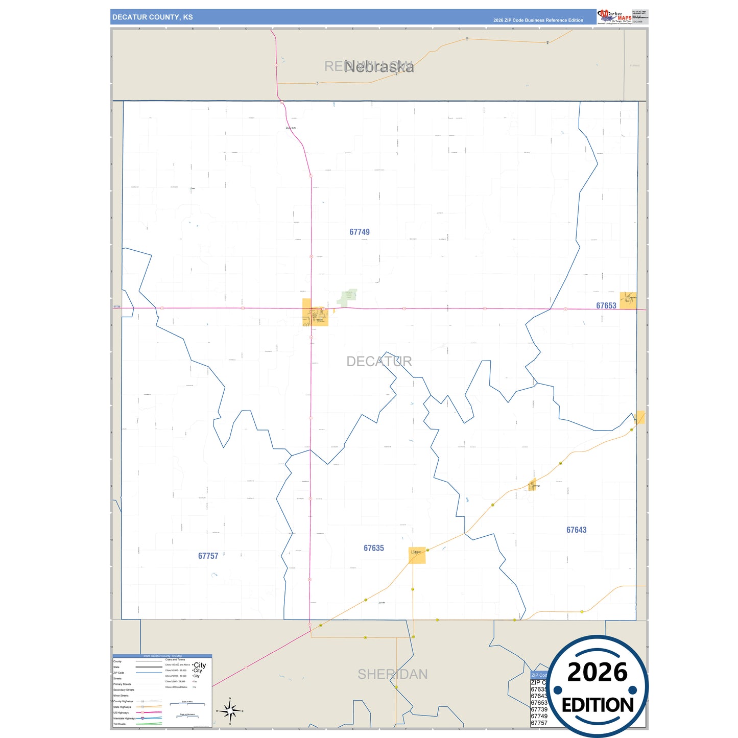 Decatur County, KS Business Reference 5 Digit ZIP Code Wall Map