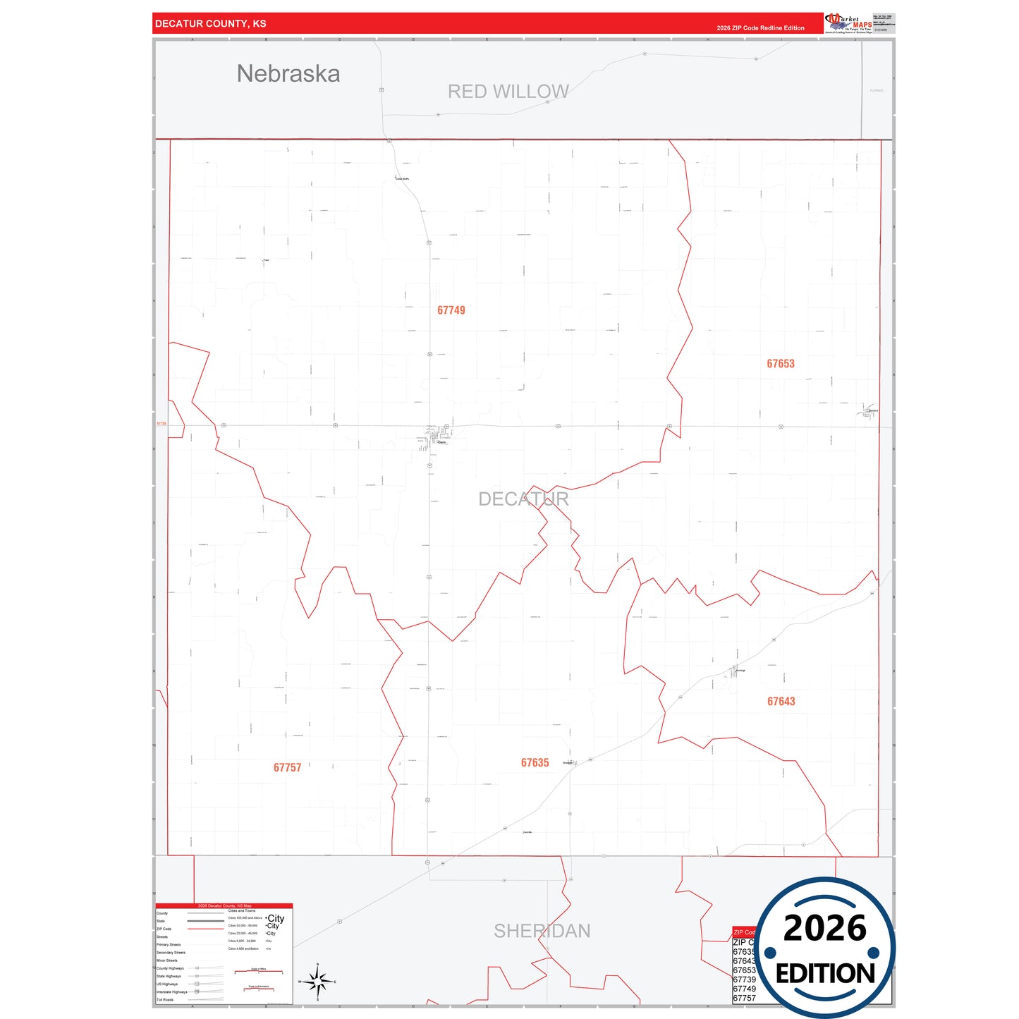 Decatur County, KS Red Line 5 Digit ZIP Code Wall Map