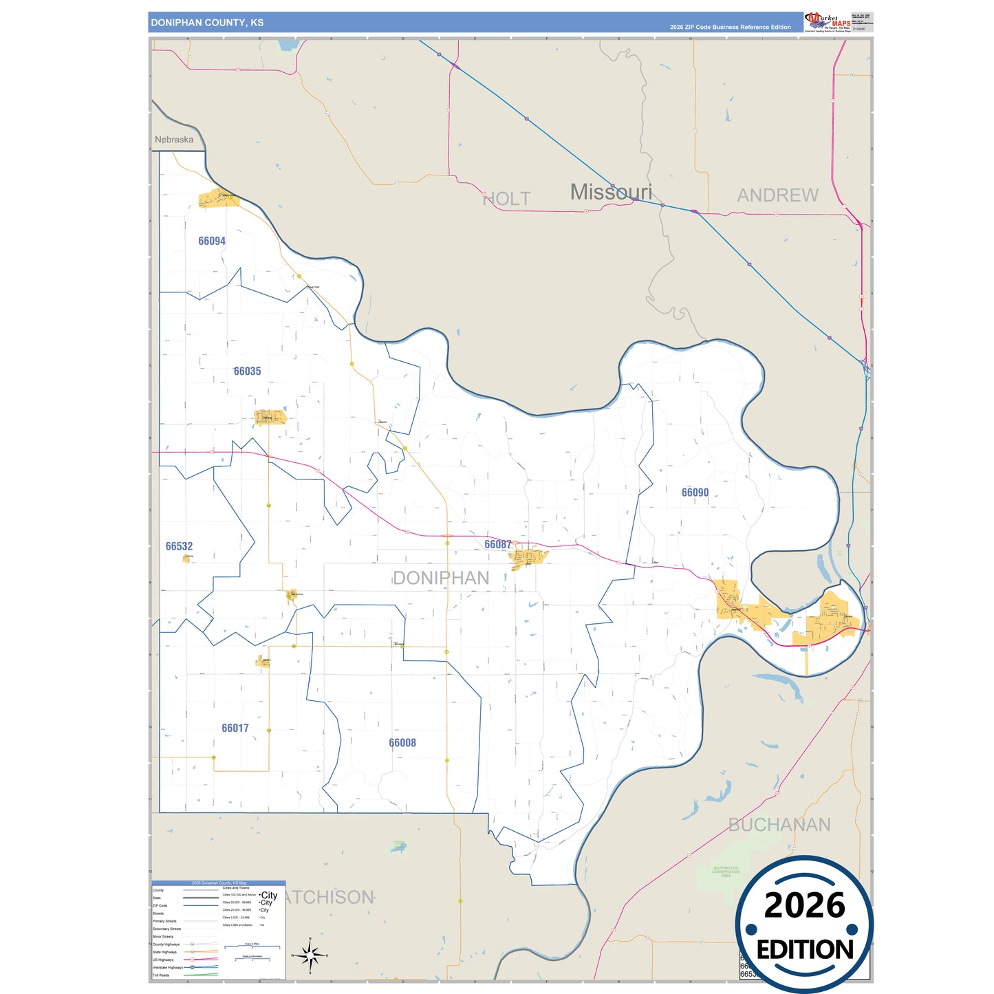 Doniphan County, KS Business Reference 5 Digit ZIP Code Wall Map