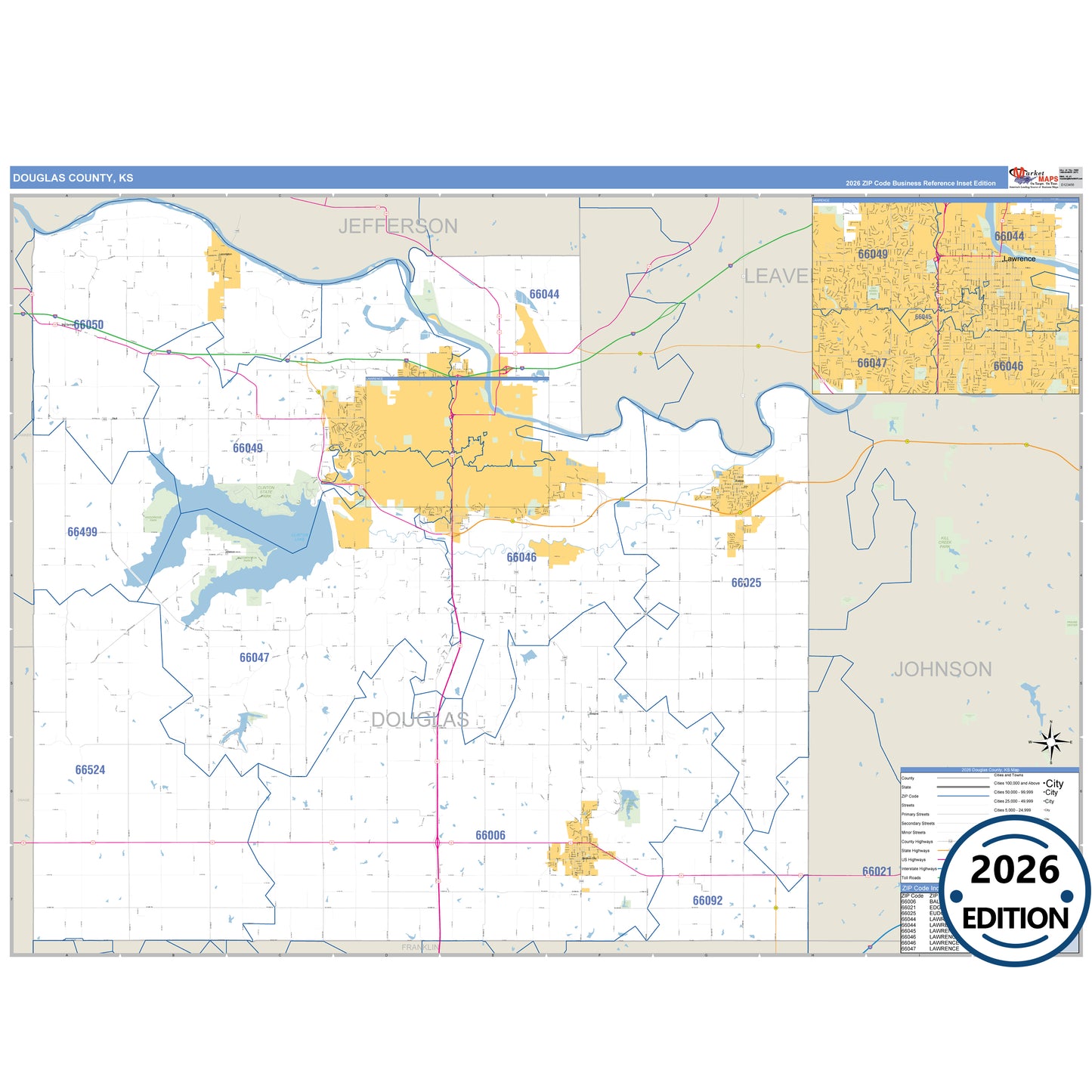 Douglas County, KS Business Reference 5 Digit ZIP Code Wall Map