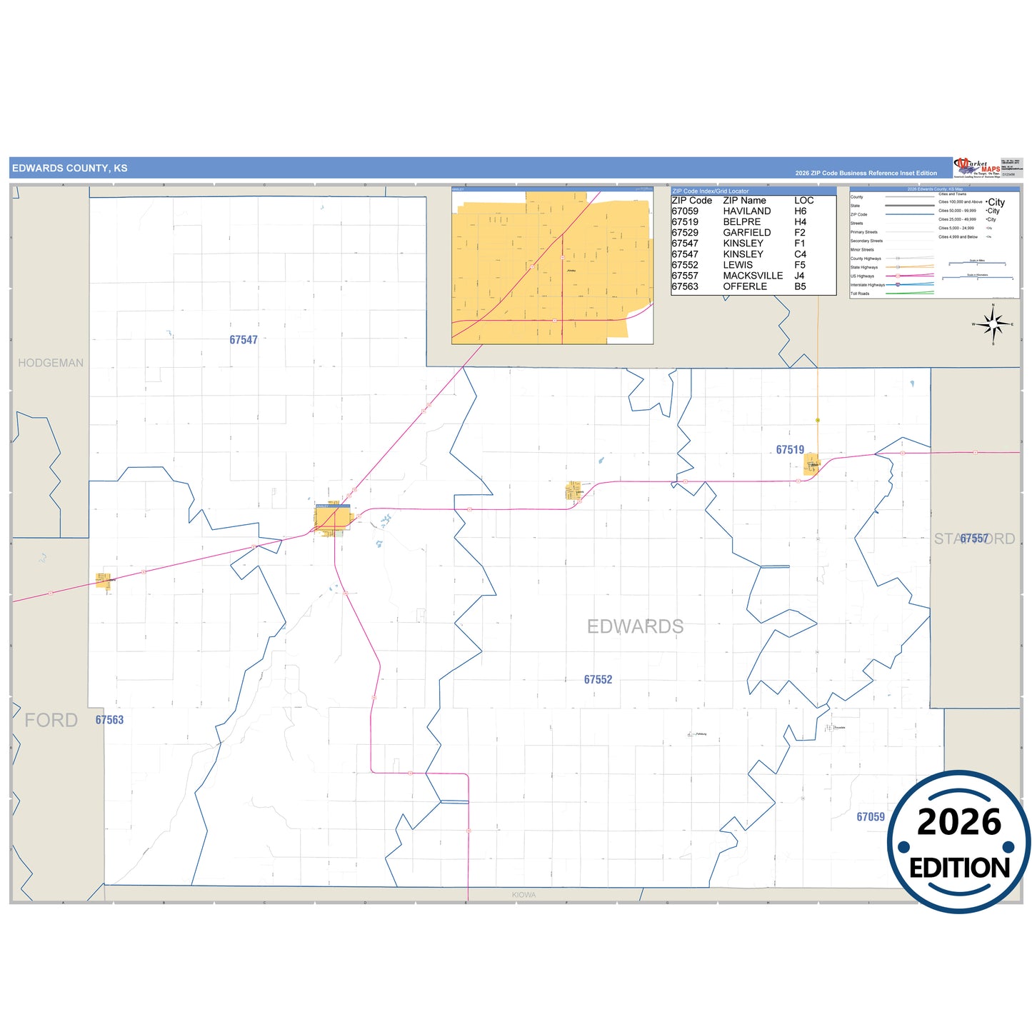 Edwards County, KS Business Reference 5 Digit ZIP Code Wall Map