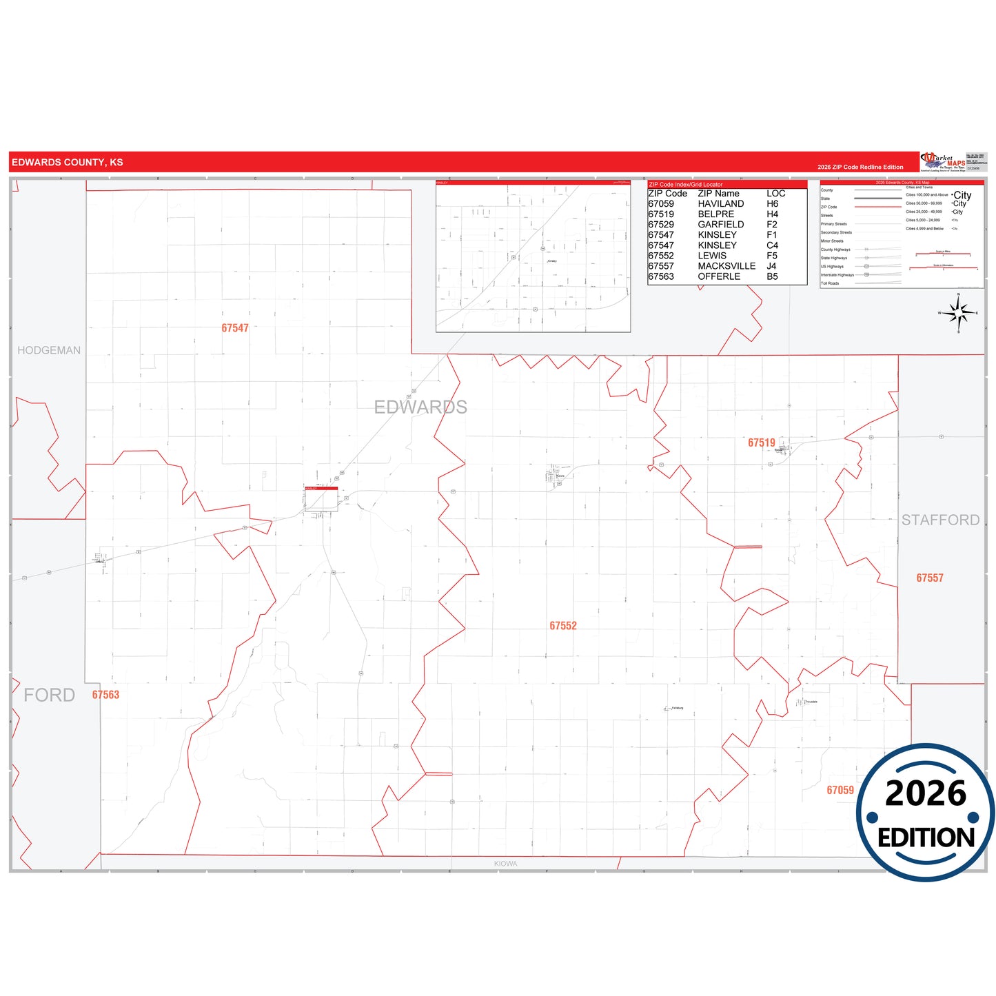 Edwards County, KS Red Line 5 Digit ZIP Code Wall Map