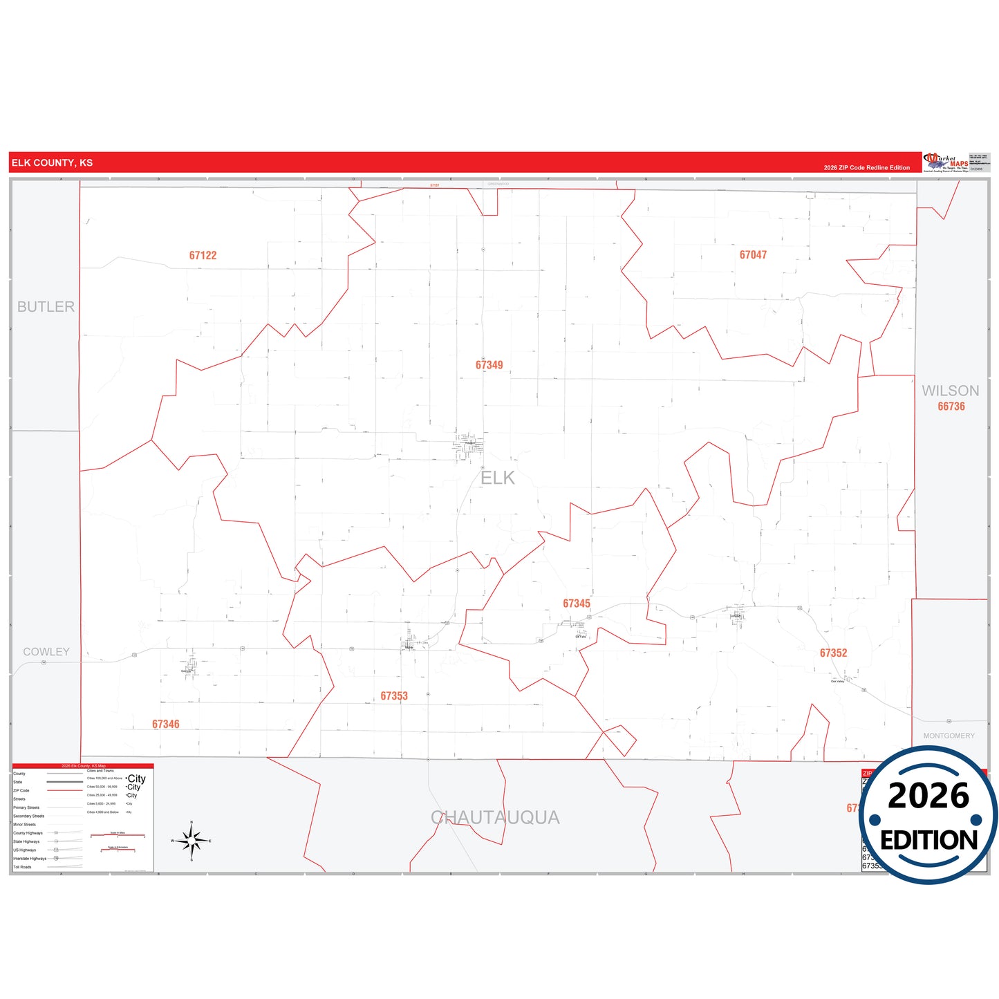 Elk County, KS Red Line 5 Digit ZIP Code Wall Map