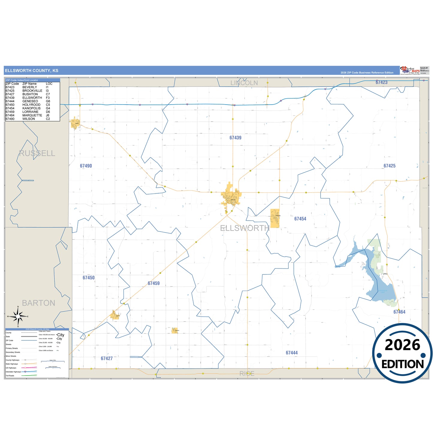 Ellsworth County, KS Business Reference 5 Digit ZIP Code Wall Map