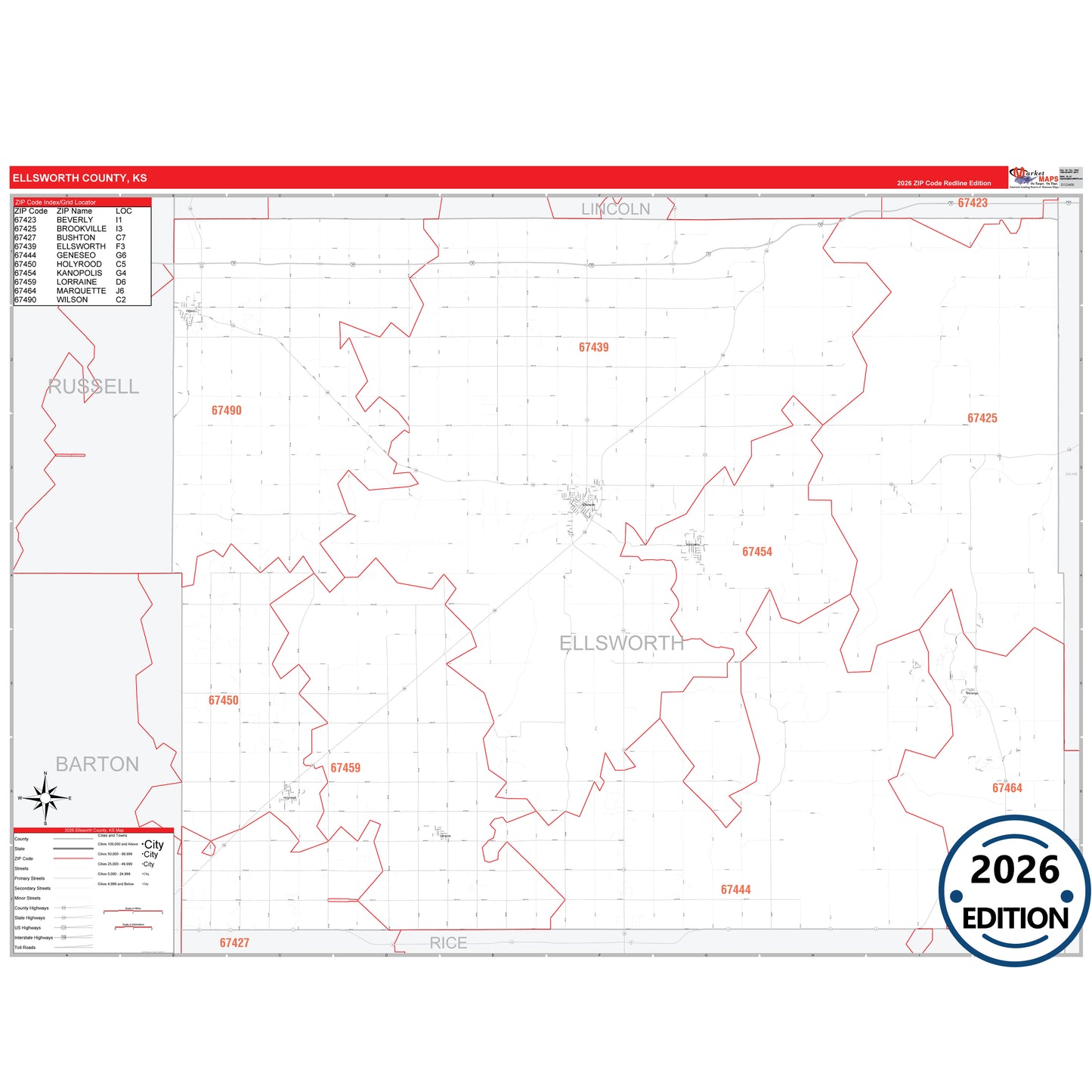 Ellsworth County, KS Red Line 5 Digit ZIP Code Wall Map