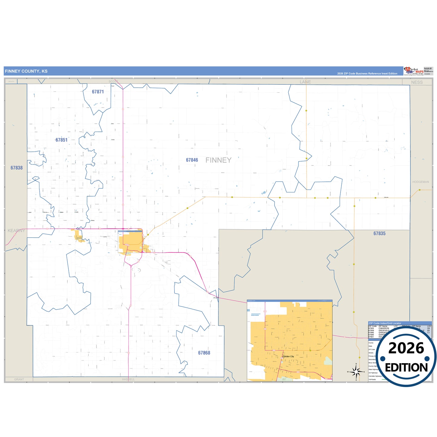 Finney County, KS Business Reference 5 Digit ZIP Code Wall Map
