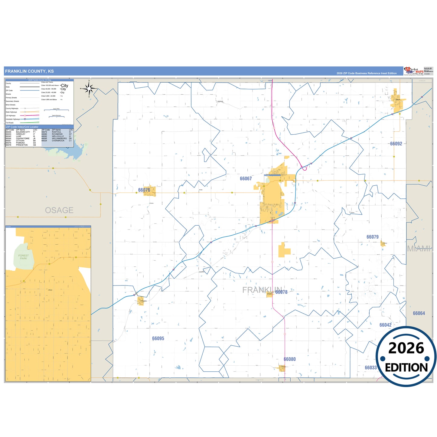 Franklin County, KS Business Reference map with detailed roads, cities, and ZIP code boundaries.