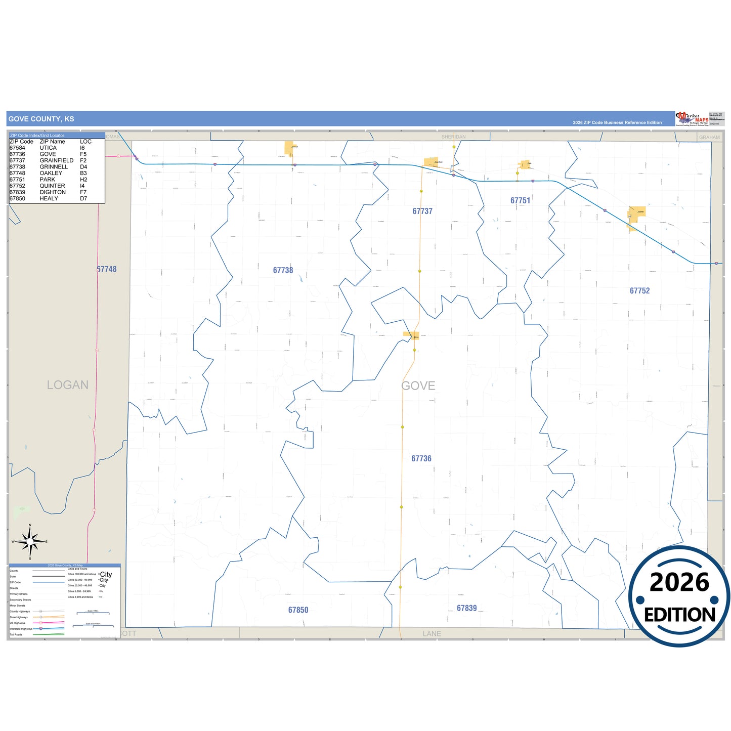 Gove County, KS Business Reference 5 Digit ZIP Code Wall Map