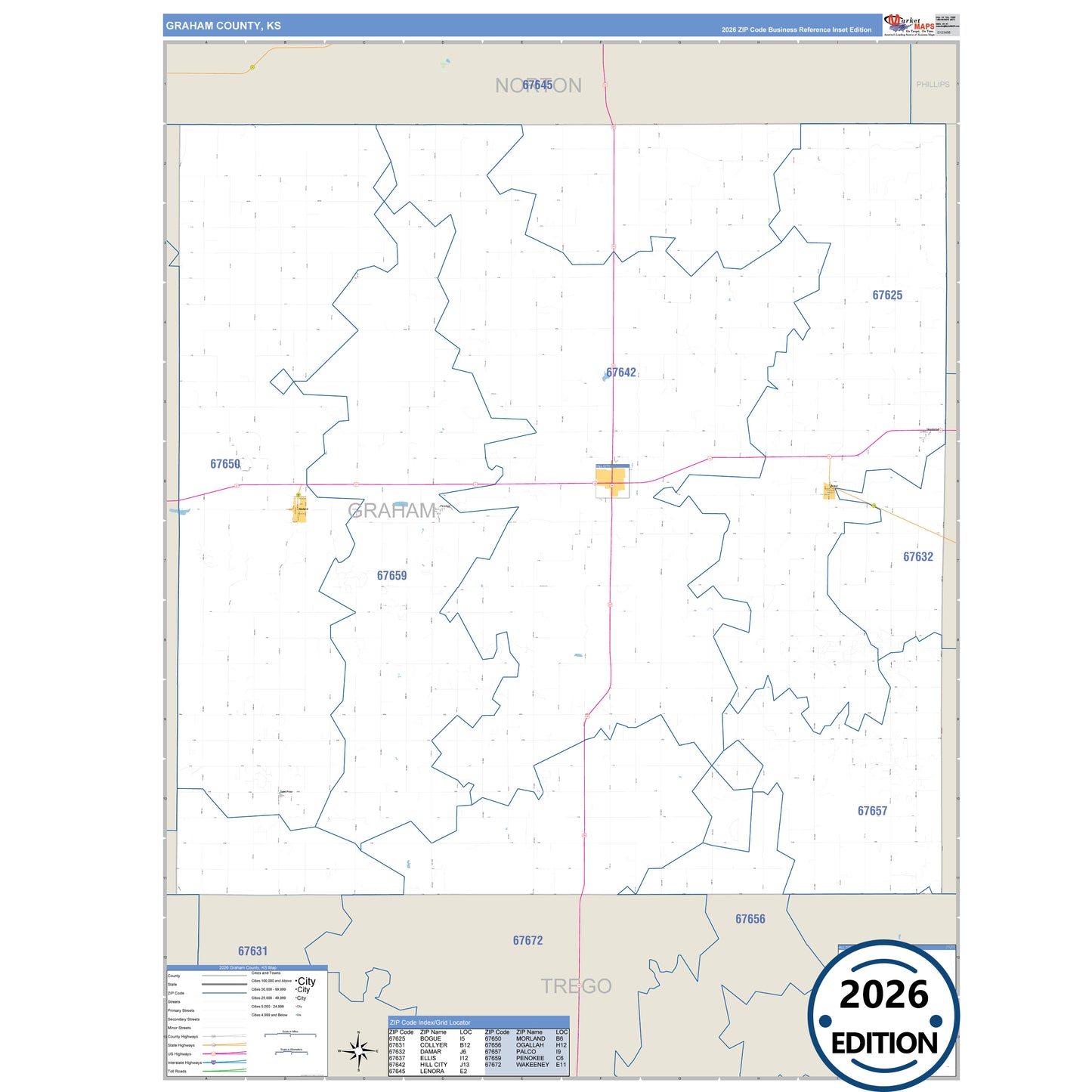 Graham County, KS Business Reference 5 Digit ZIP Code Wall Map