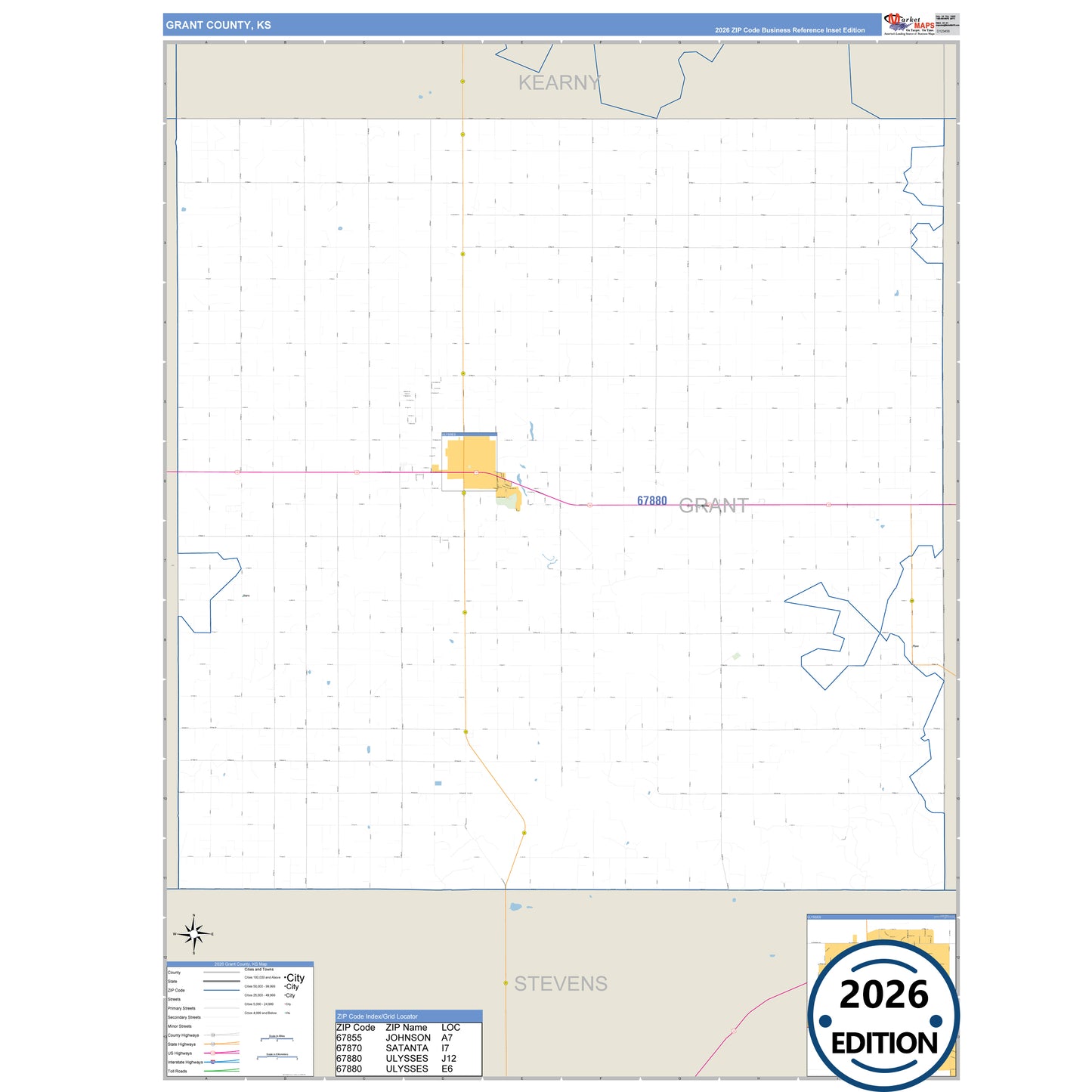 Grant County, KS Business Reference 5 Digit ZIP Code Wall Map
