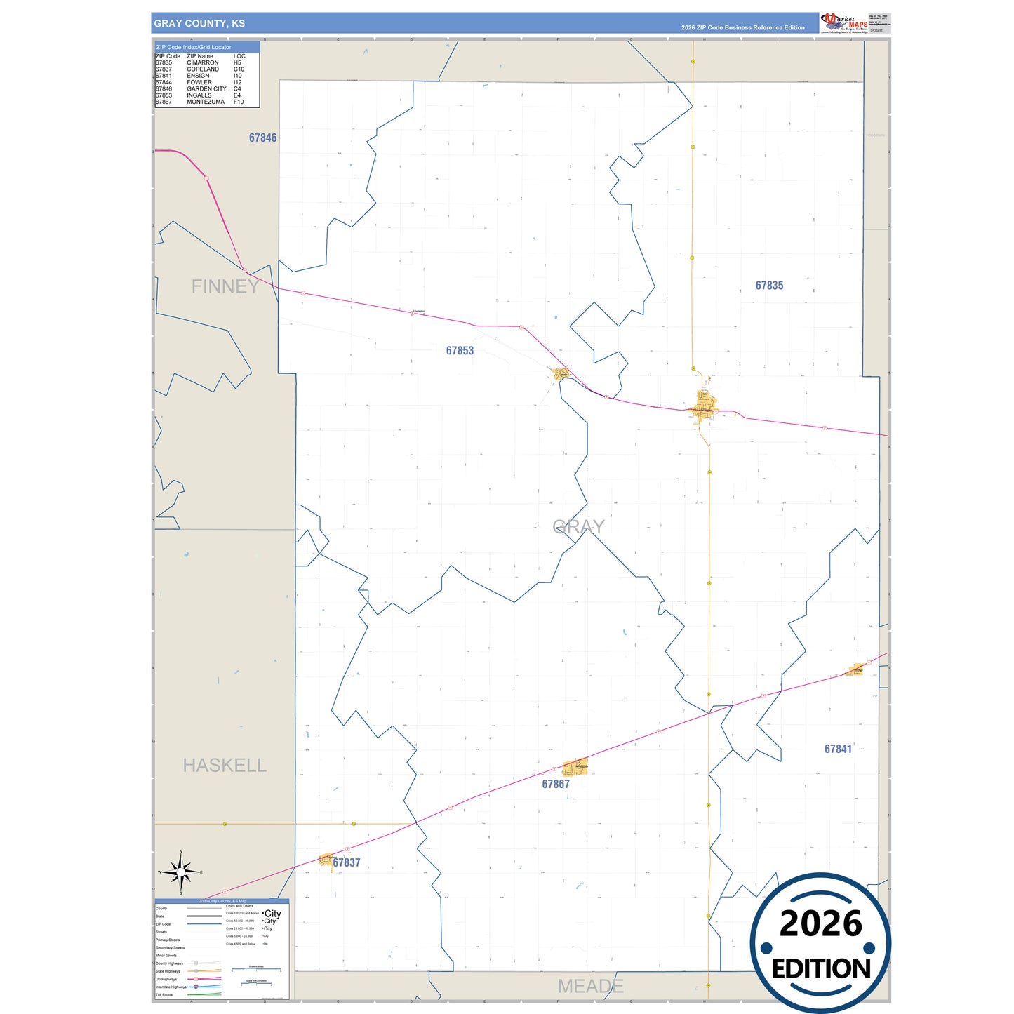 Gray County, KS Business Reference 5 Digit ZIP Code Wall Map