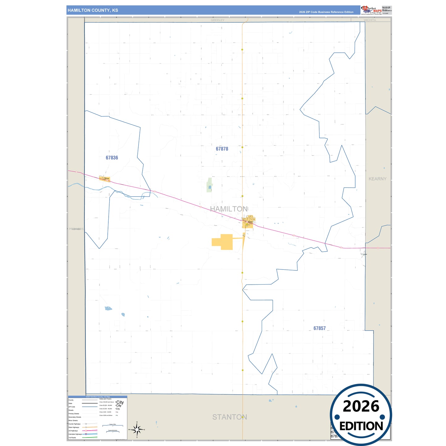 Hamilton County, KS Business Reference 5 Digit ZIP Code Wall Map
