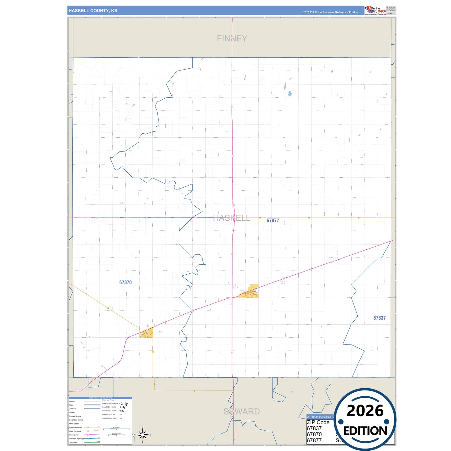 Haskell County, KS Business Reference 5 Digit ZIP Code Wall Map