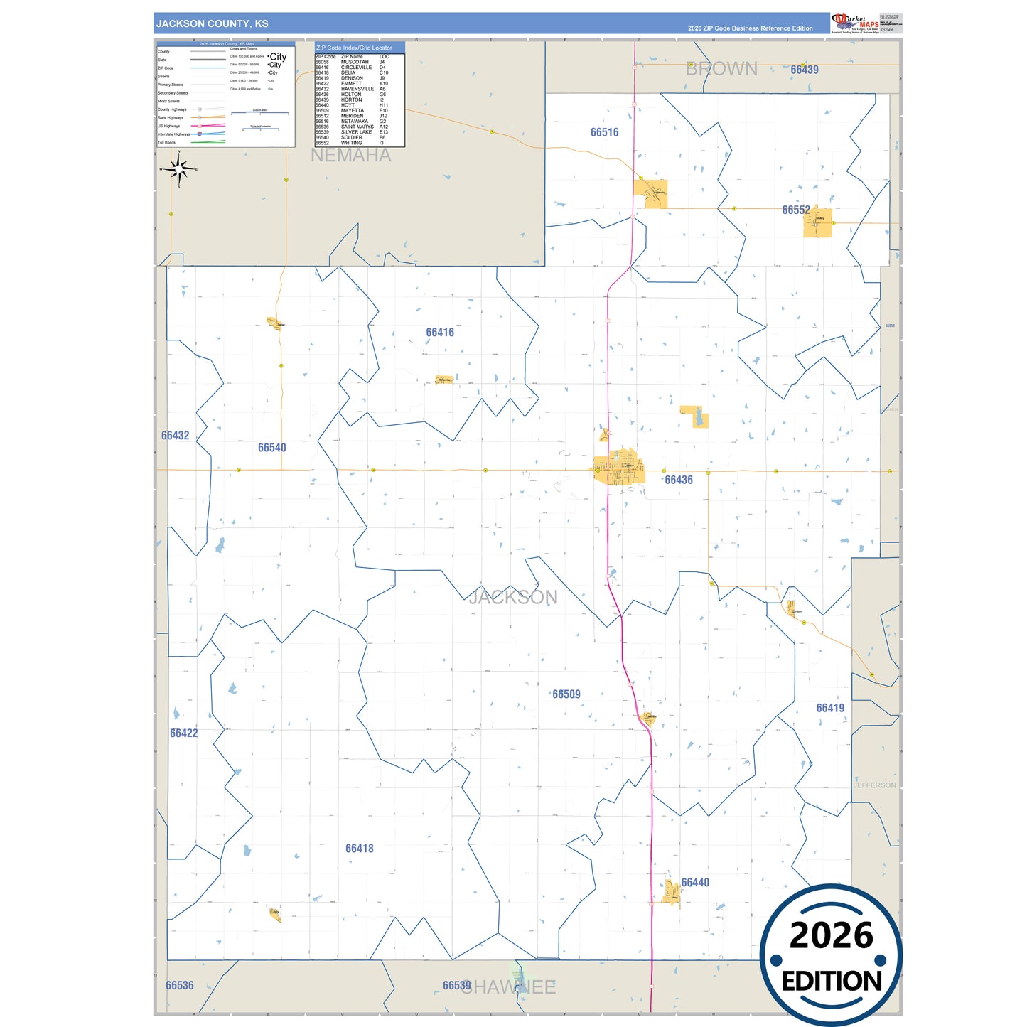Jackson County, KS Business Reference 5 Digit ZIP Code Wall Map