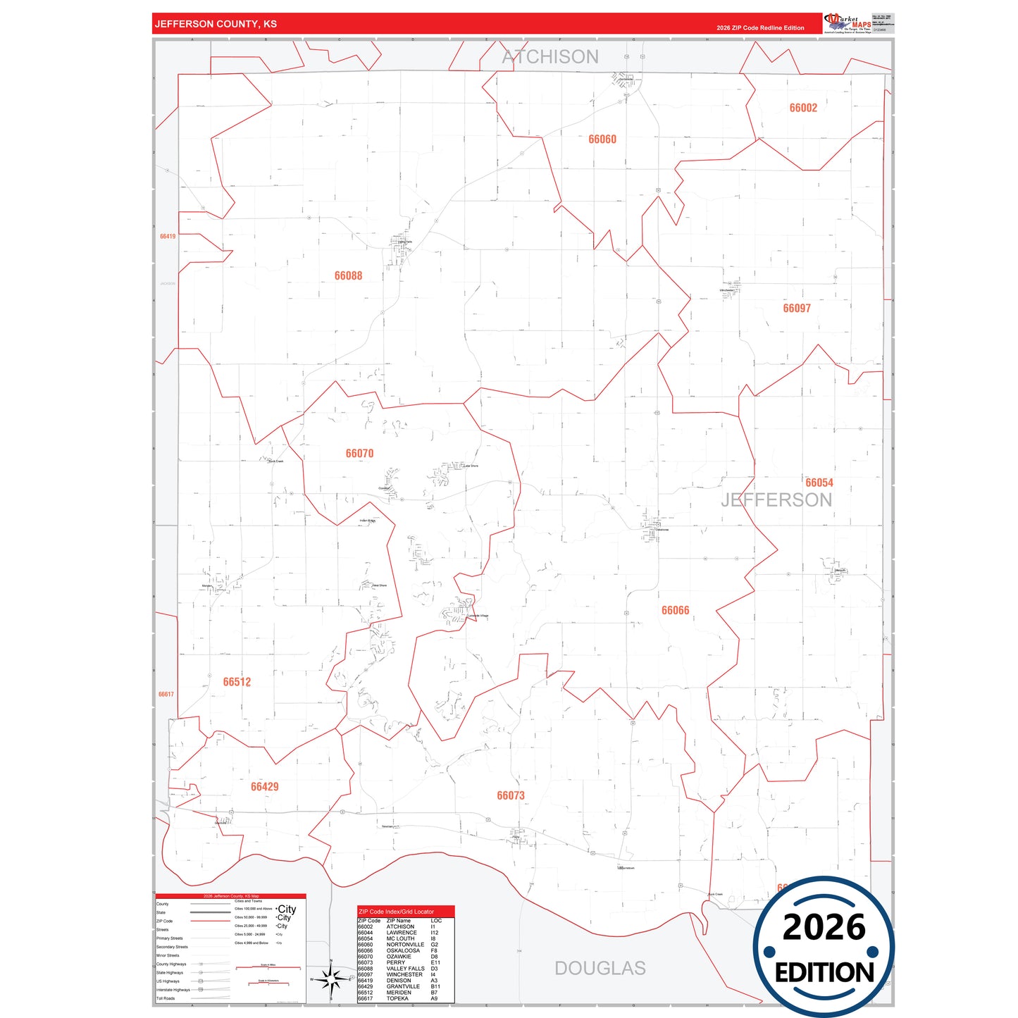 Jefferson County, KS Red Line 5 Digit ZIP Code Wall Map