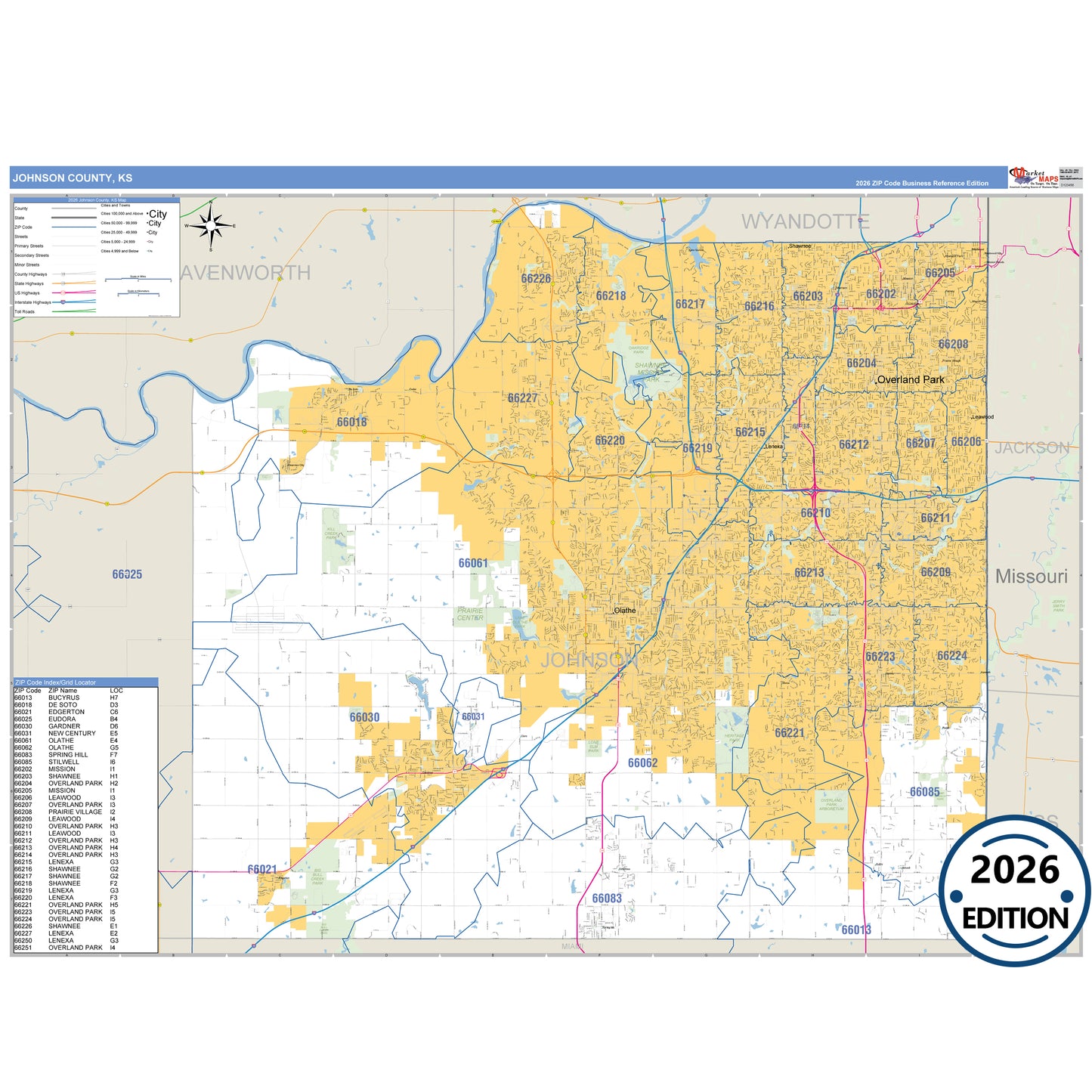 Johnson County, KS Business Reference 5 Digit ZIP Code Wall Map