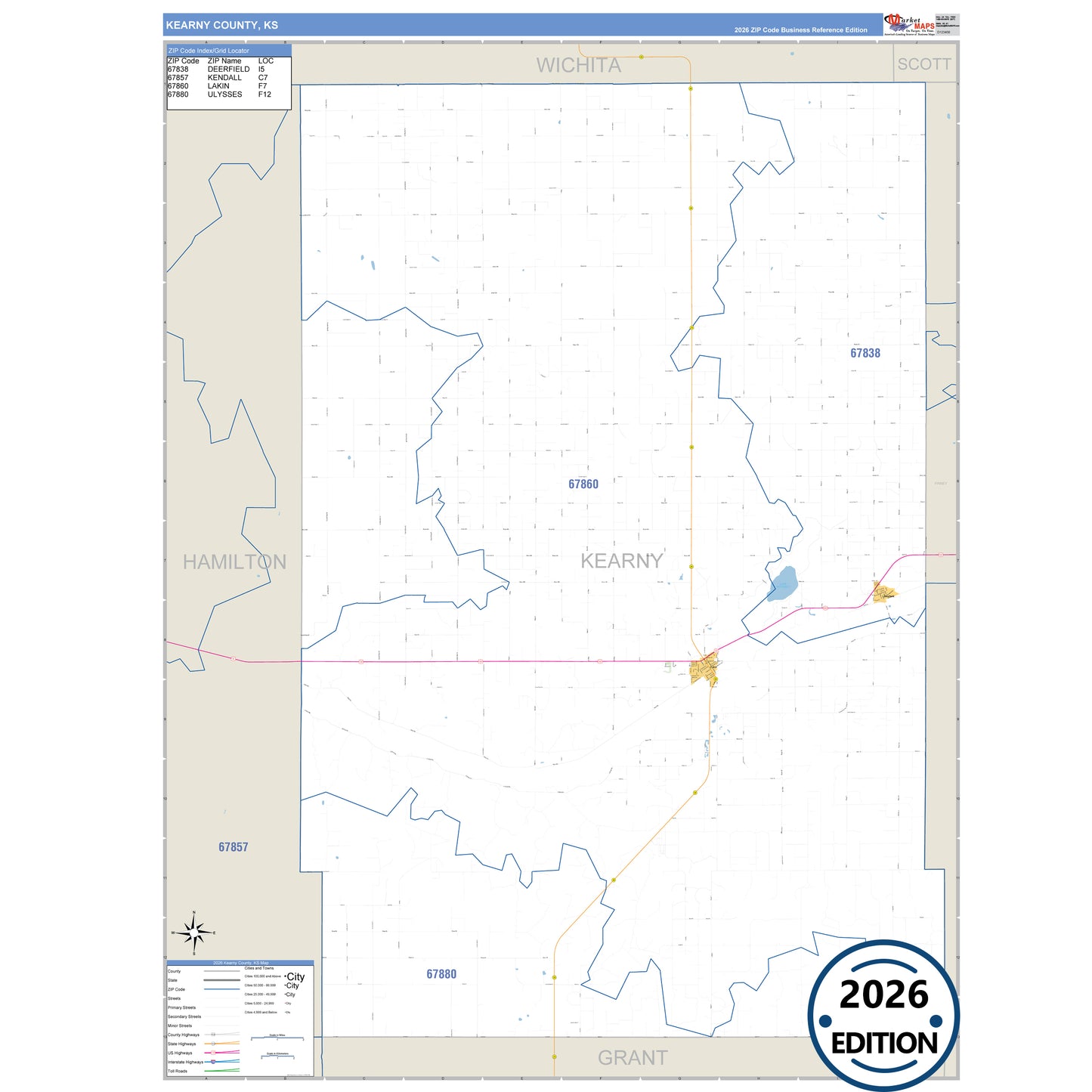 Kearny County, KS Business Reference 5 Digit ZIP Code Wall Map