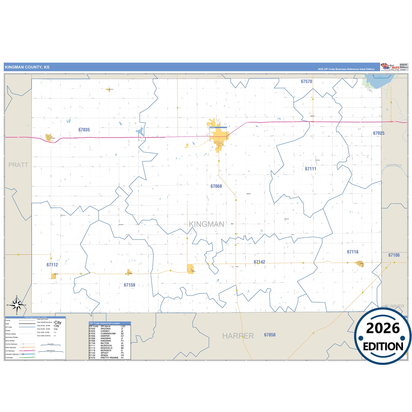 Kingman County, KS Business Reference 5 Digit ZIP Code Wall Map
