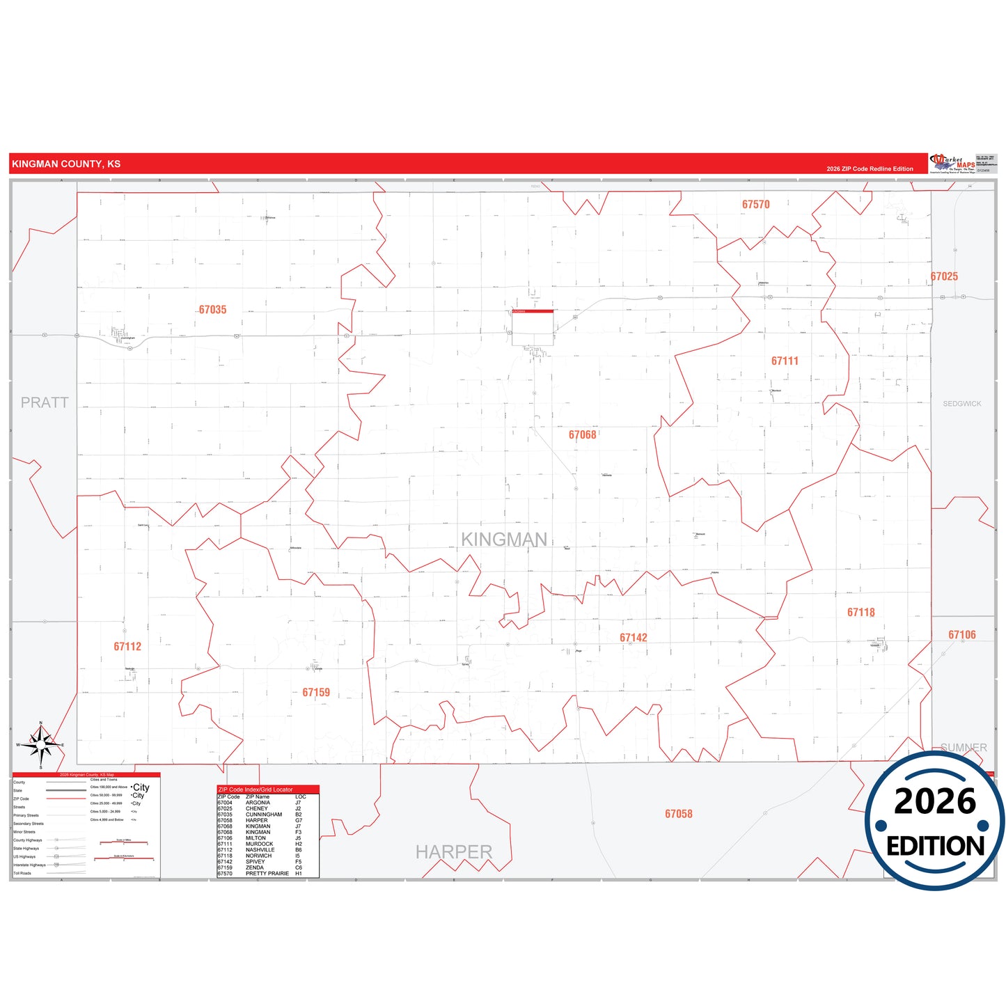 Kingman County, KS Red Line 5 Digit ZIP Code Wall Map